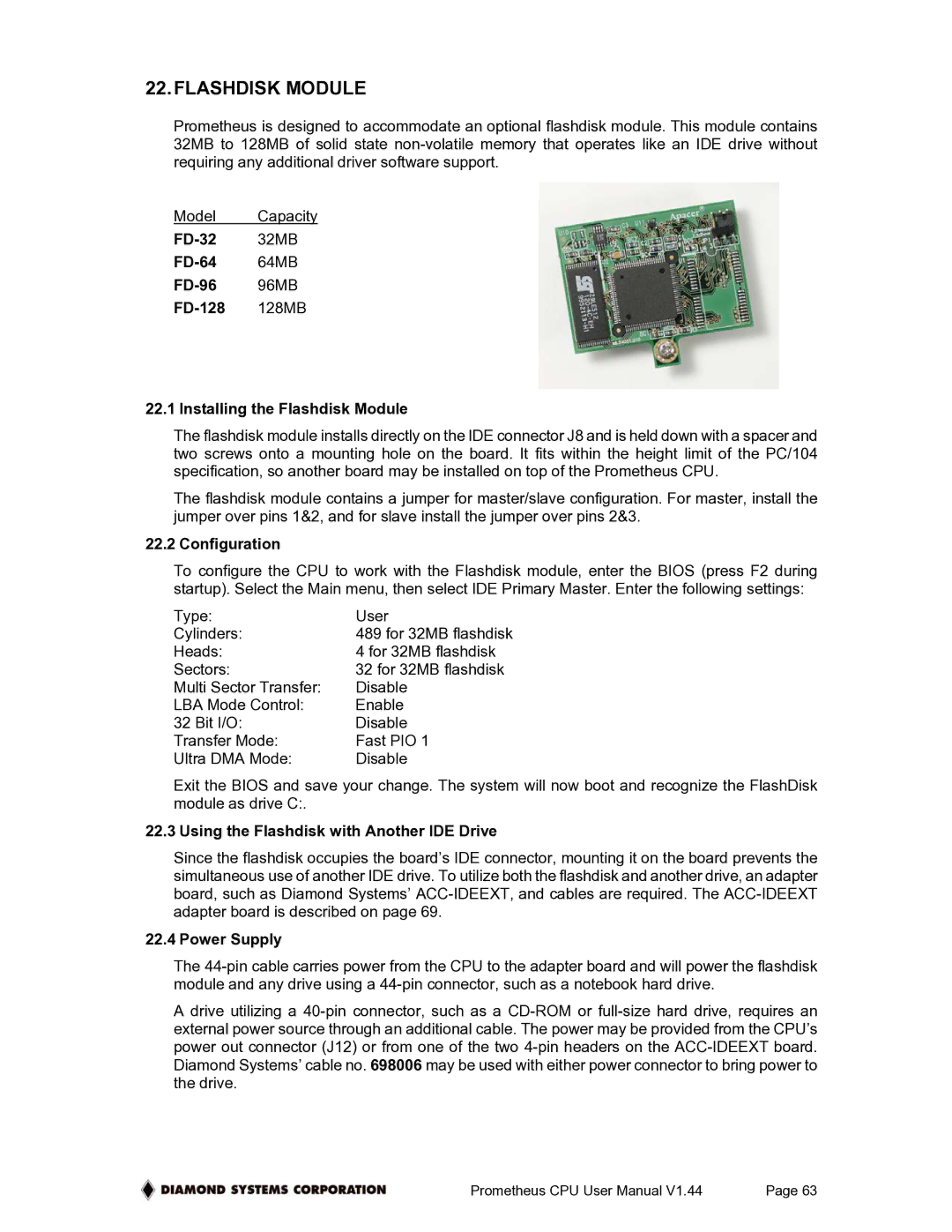 Diamond Systems PR-Z32-E-ST Flashdisk Module, Configuration, Using the Flashdisk with Another IDE Drive, Power Supply 