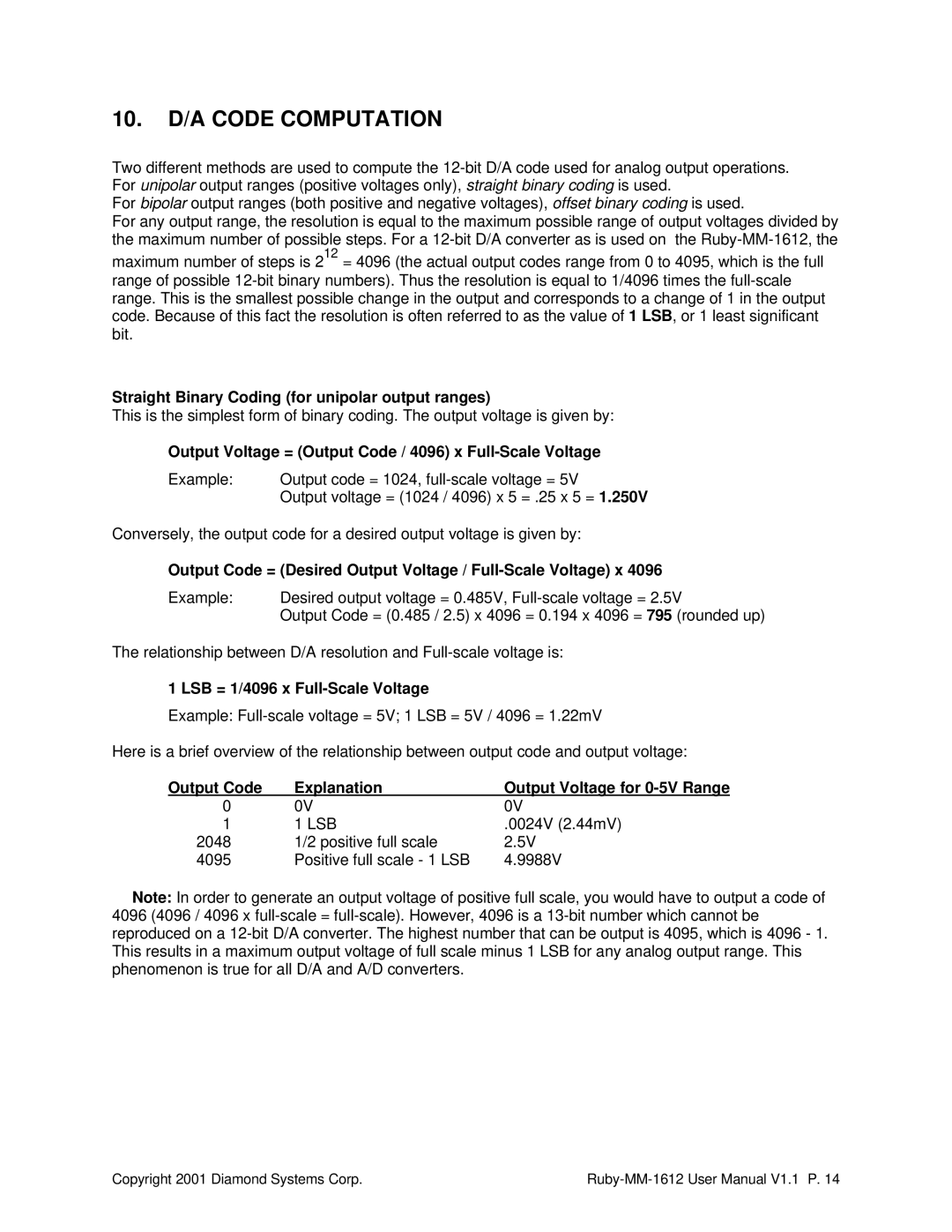 Diamond Systems RUBY-MM-1612, 16-Channel 12-Bit Analog Output PC/104 Module user manual 10. D/A Code Computation 