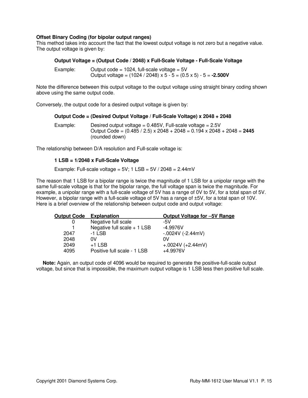 Diamond Systems 16-Channel 12-Bit Analog Output PC/104 Module, RUBY-MM-1612 Offset Binary Coding for bipolar output ranges 