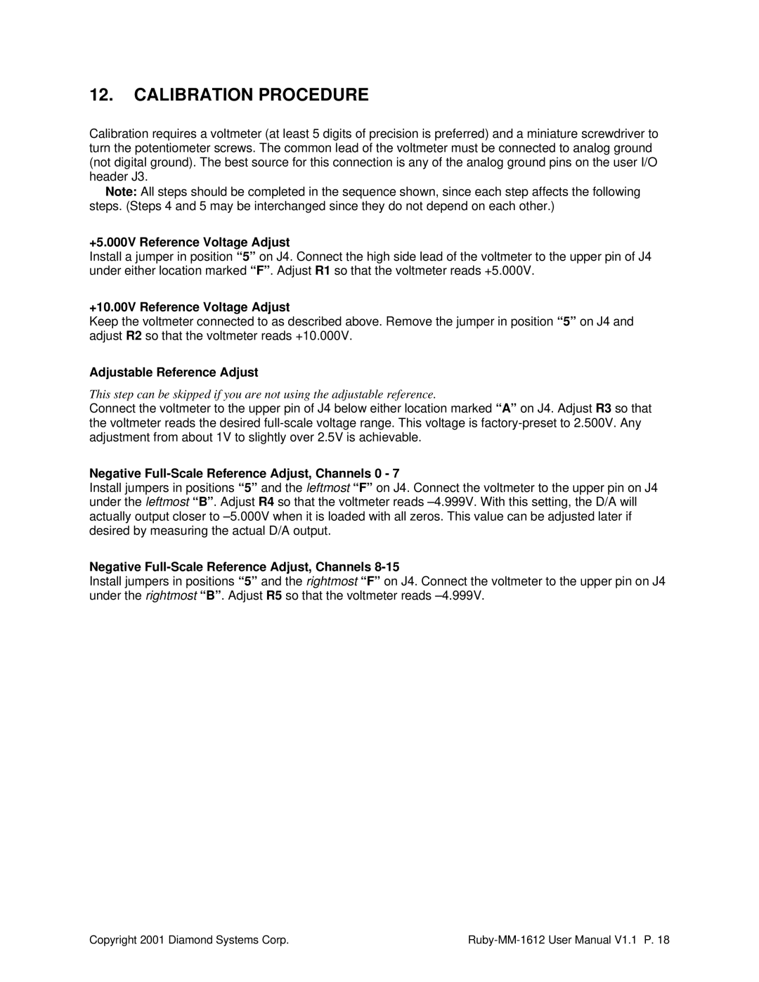 Diamond Systems RUBY-MM-1612, 16-Channel 12-Bit Analog Output PC/104 Module user manual Calibration Procedure 