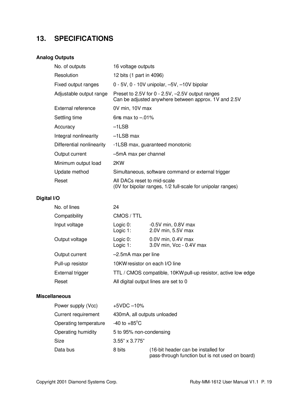 Diamond Systems 16-Channel 12-Bit Analog Output PC/104 Module, RUBY-MM-1612 user manual Specifications, Miscellaneous 