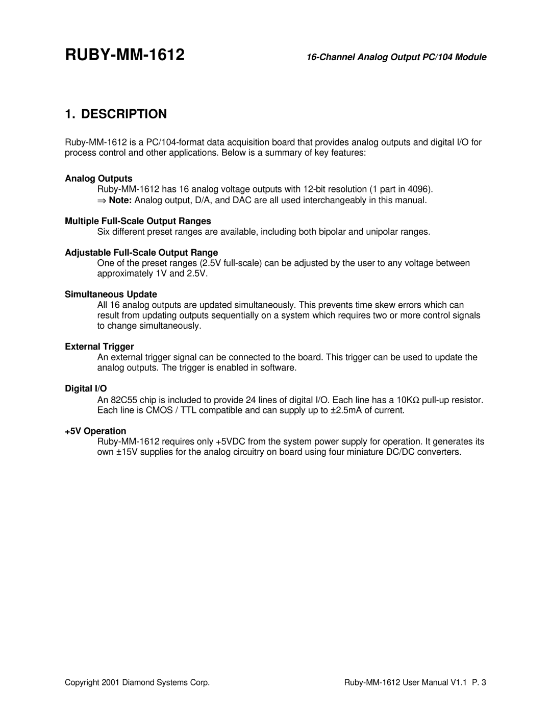 Diamond Systems 16-Channel 12-Bit Analog Output PC/104 Module, RUBY-MM-1612 user manual Description 