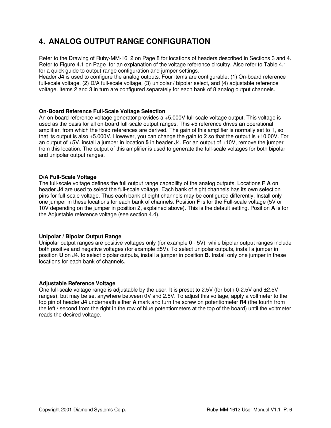 Diamond Systems RUBY-MM-1612 user manual Analog Output Range Configuration, On-Board Reference Full-Scale Voltage Selection 