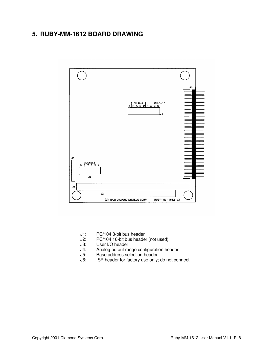 Diamond Systems 16-Channel 12-Bit Analog Output PC/104 Module user manual RUBY-MM-1612 Board Drawing 