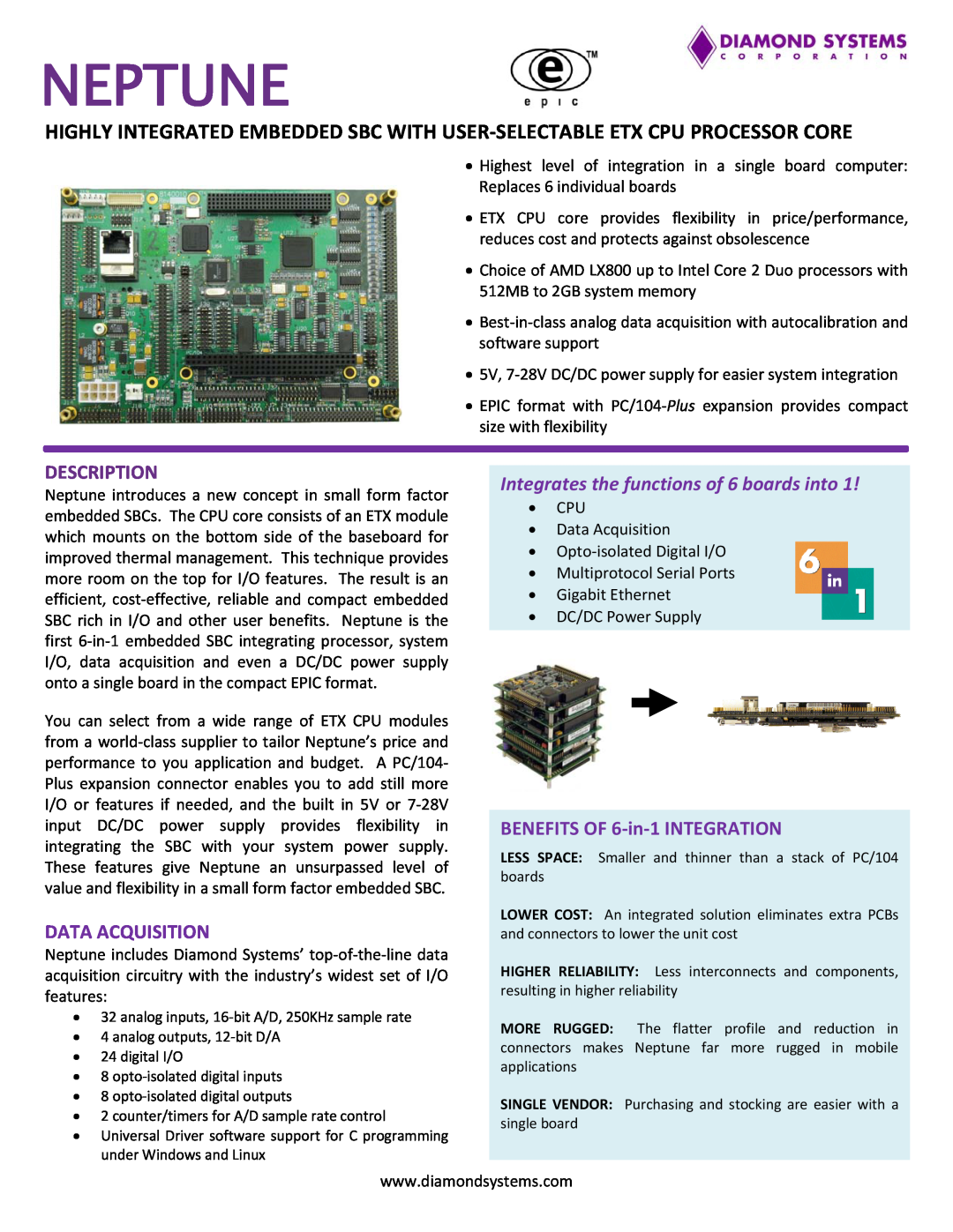Diamond Systems Highly Integrated Embedded SBC With Userselectable ETX CPU Processor Core manual Description, Neptune 