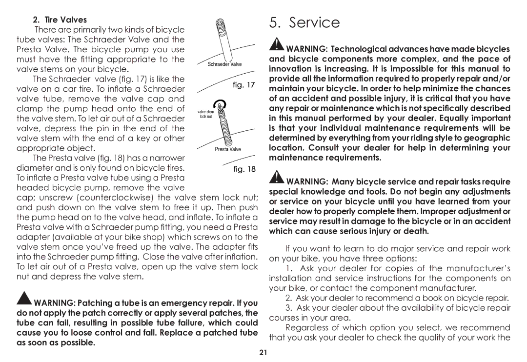 Diamondback 06.DB SS OM manual Service, Tire Valves 