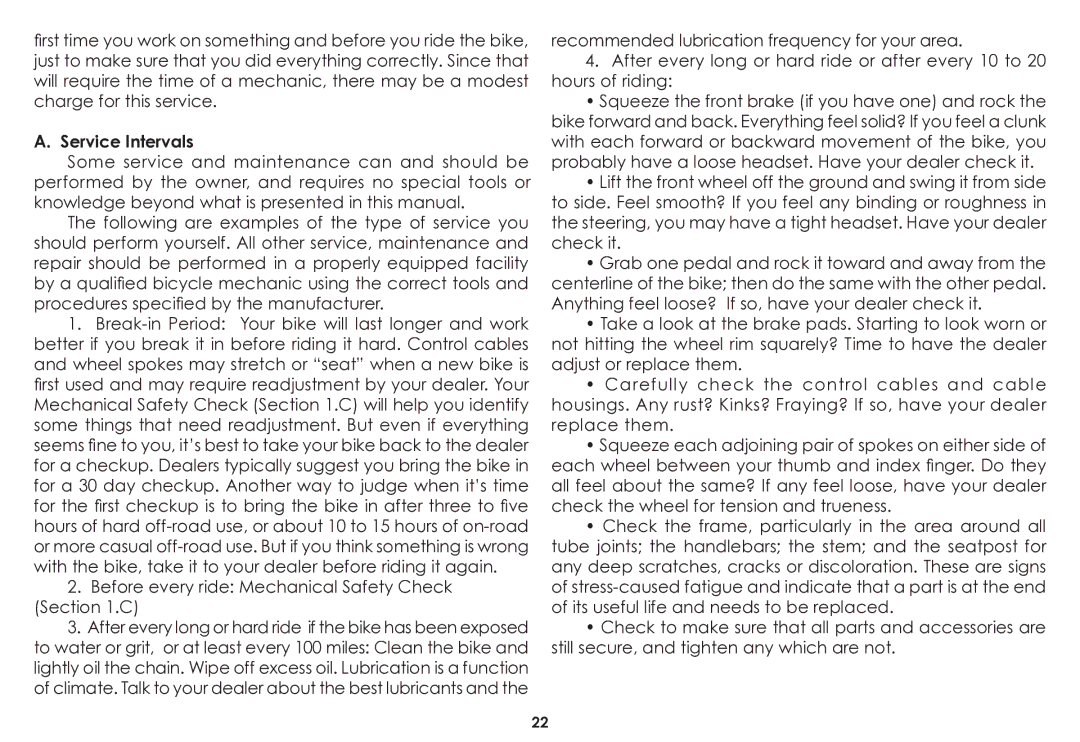 Diamondback 06.DB SS OM manual Service Intervals, Before every ride Mechanical Safety Check 