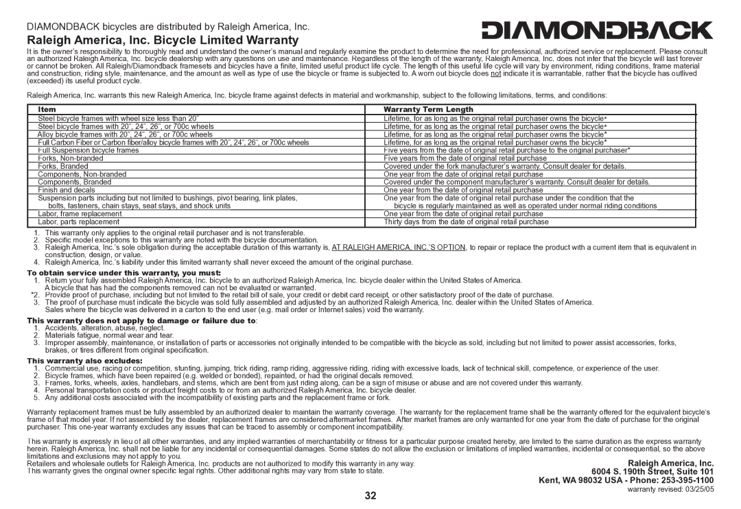 Diamondback 06.DB SS OM manual Raleigh America, Inc. Bicycle Limited Warranty 