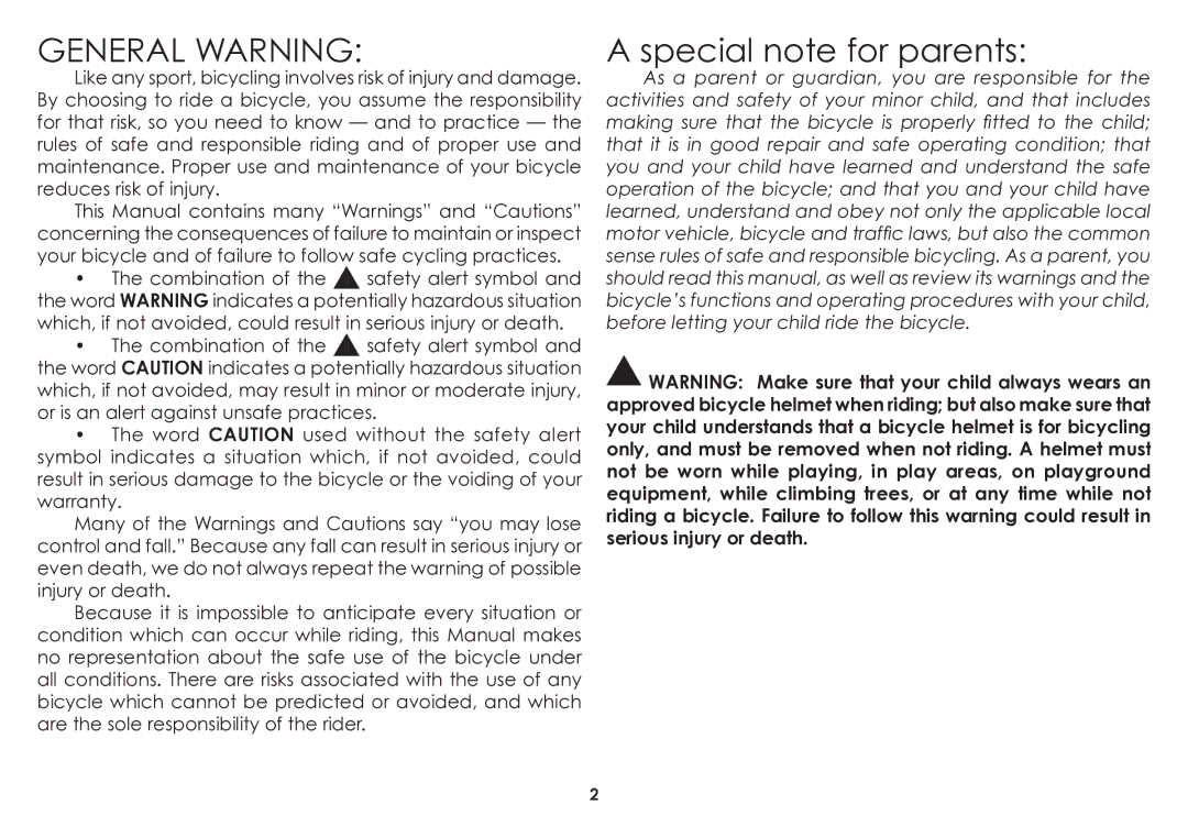 Diamondback 06.DB SS OM manual General Warning, Special note for parents 