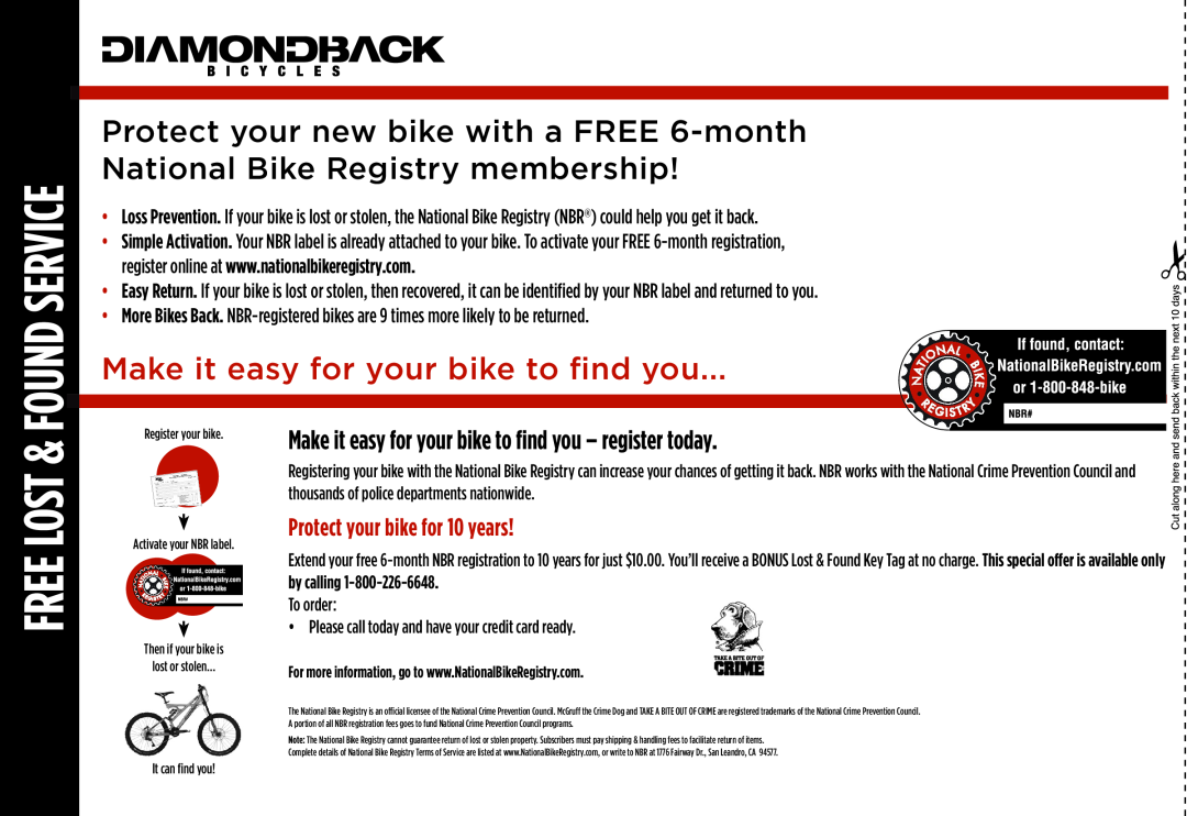 Diamondback 06.DB SS OM manual Free Lost & Found Service, Protect your new bike with a FREE 6-month 