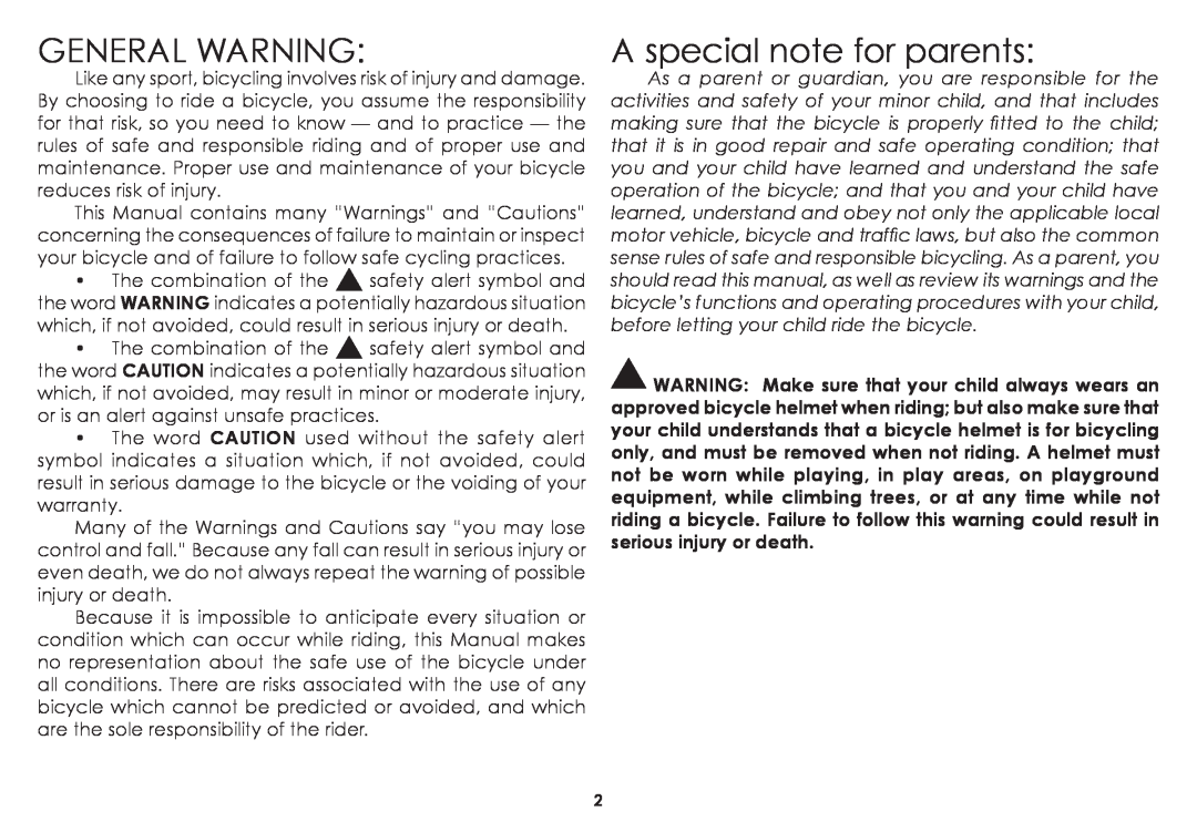 Diamondback 06.DB SS OM manual General Warning, A special note for parents 