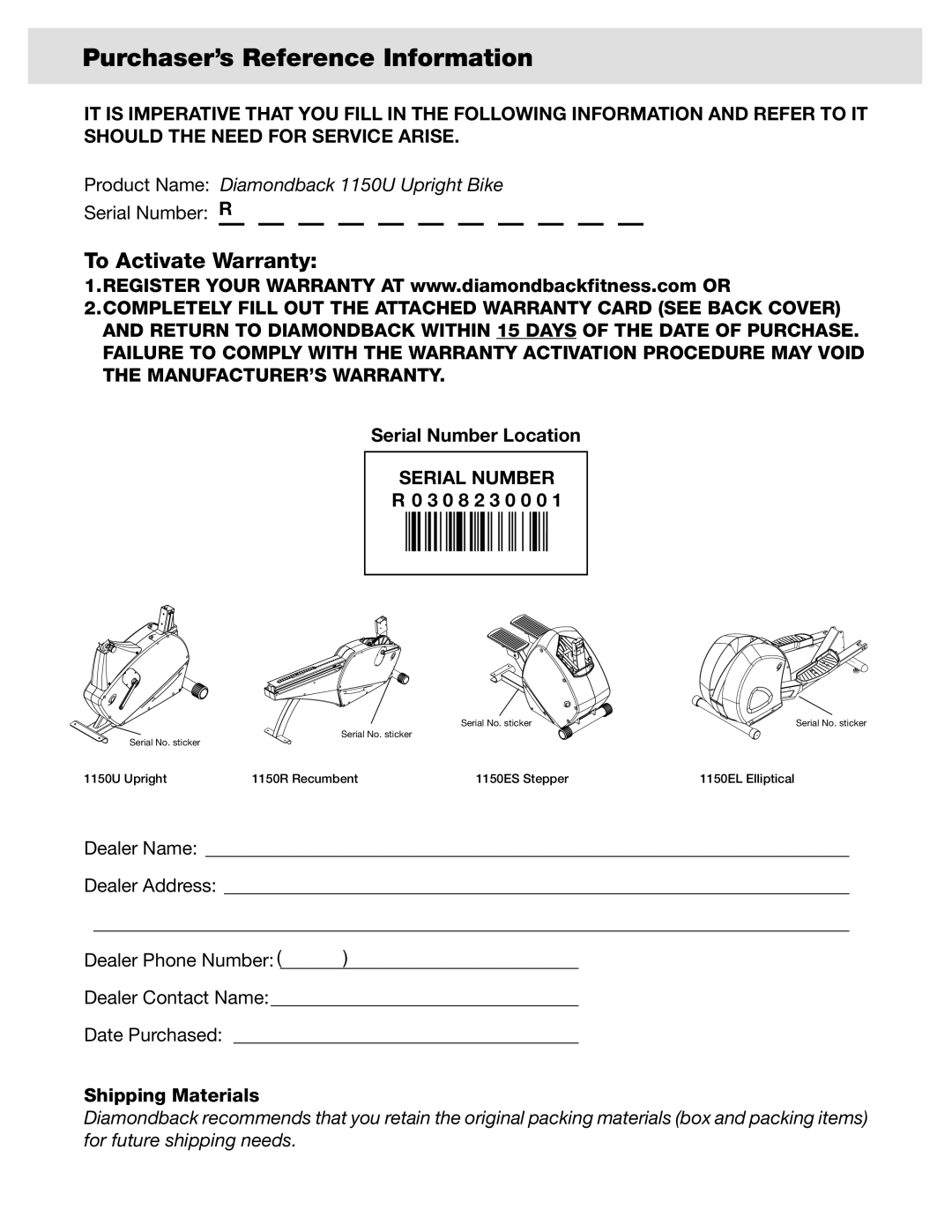 Diamondback 1150EL, 1150UI, 1150ESI, 1150RI manual Serial Number R, Purchaser’s Reference Information 
