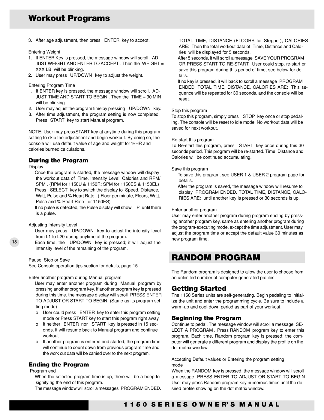 Diamondback 1150EL Random Program, Entering Weight, Entering Program Time, Enter another program during Manual program 