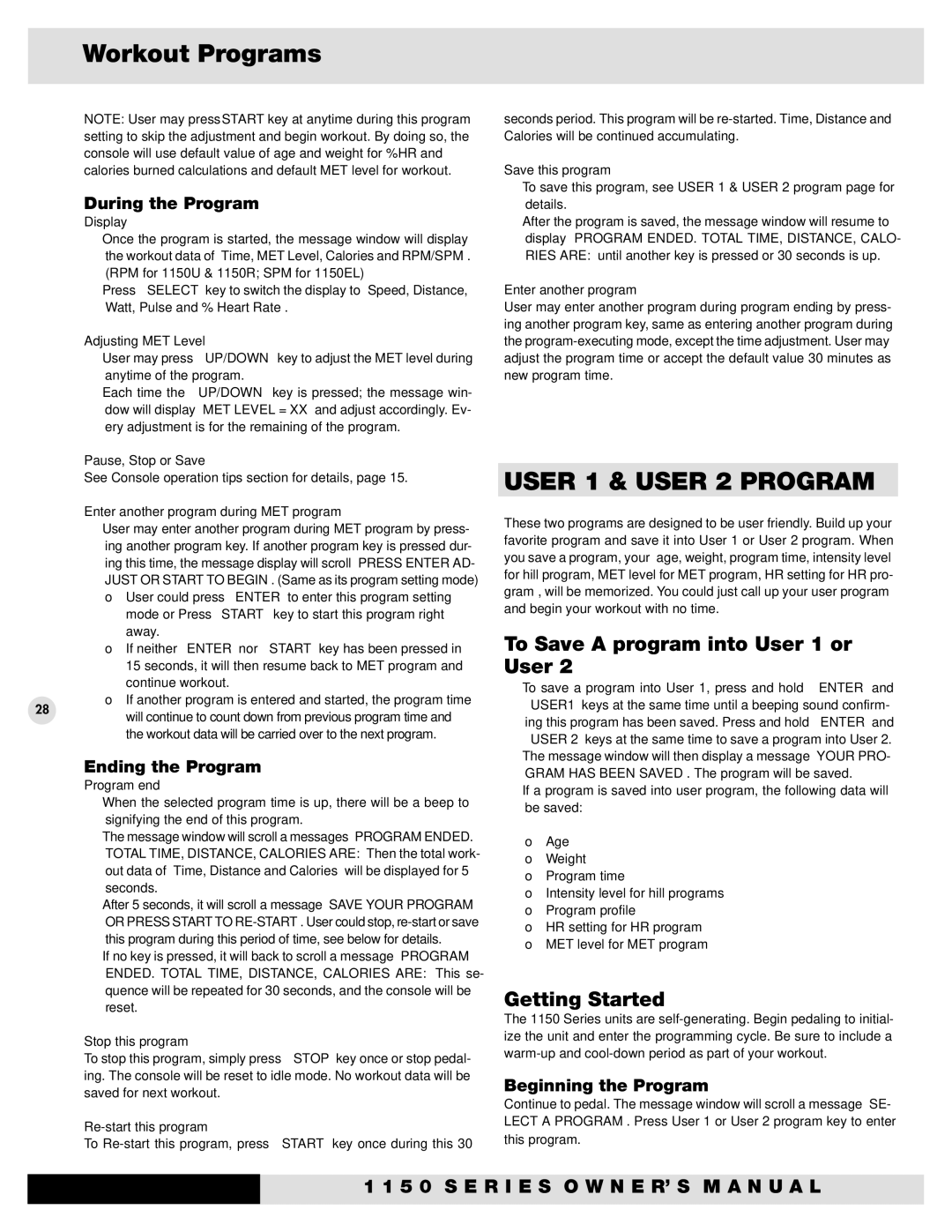 Diamondback 1150UI, 1150ESI, 1150EL User 1 & User 2 Program, To Save a program into User 1 or User, Adjusting MET Level 