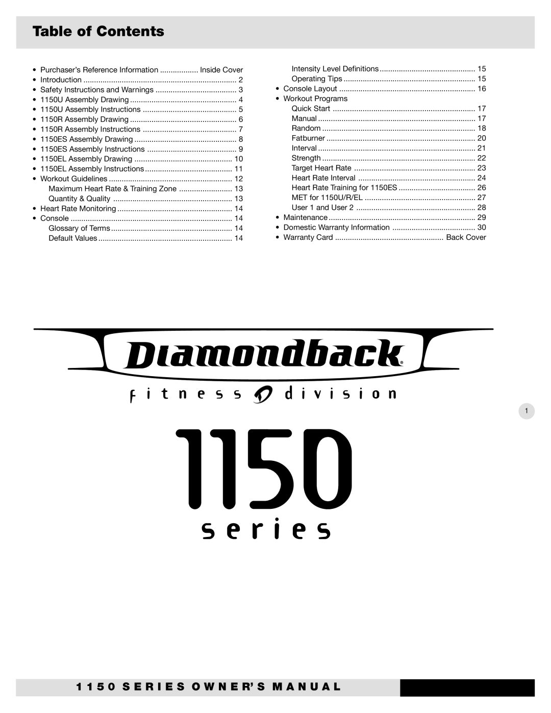 Diamondback 1150ESI, 1150UI, 1150EL, 1150RI manual Table of Contents 