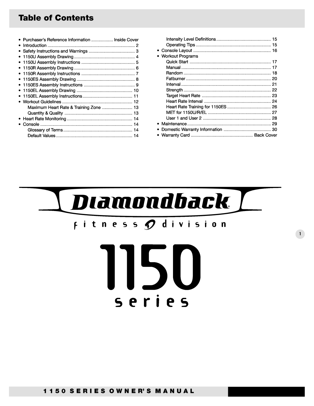 Diamondback 1150ESI, 1150UI Table of Contents, User 1 and User, Intensity Level Definitions, Operating Tips, Quick Start 