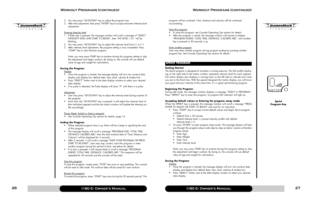 Diamondback 1180 Er manual Sprint Program Key 