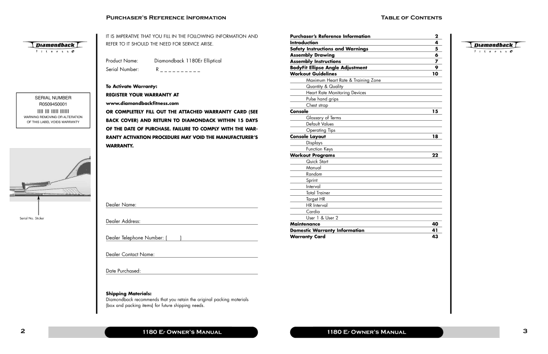 Diamondback 1180 Er manual Purchaser’s Reference Information, Table of Contents 