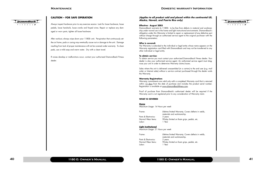 Diamondback 1180 Er manual Maintenance, Domestic warranty Information 