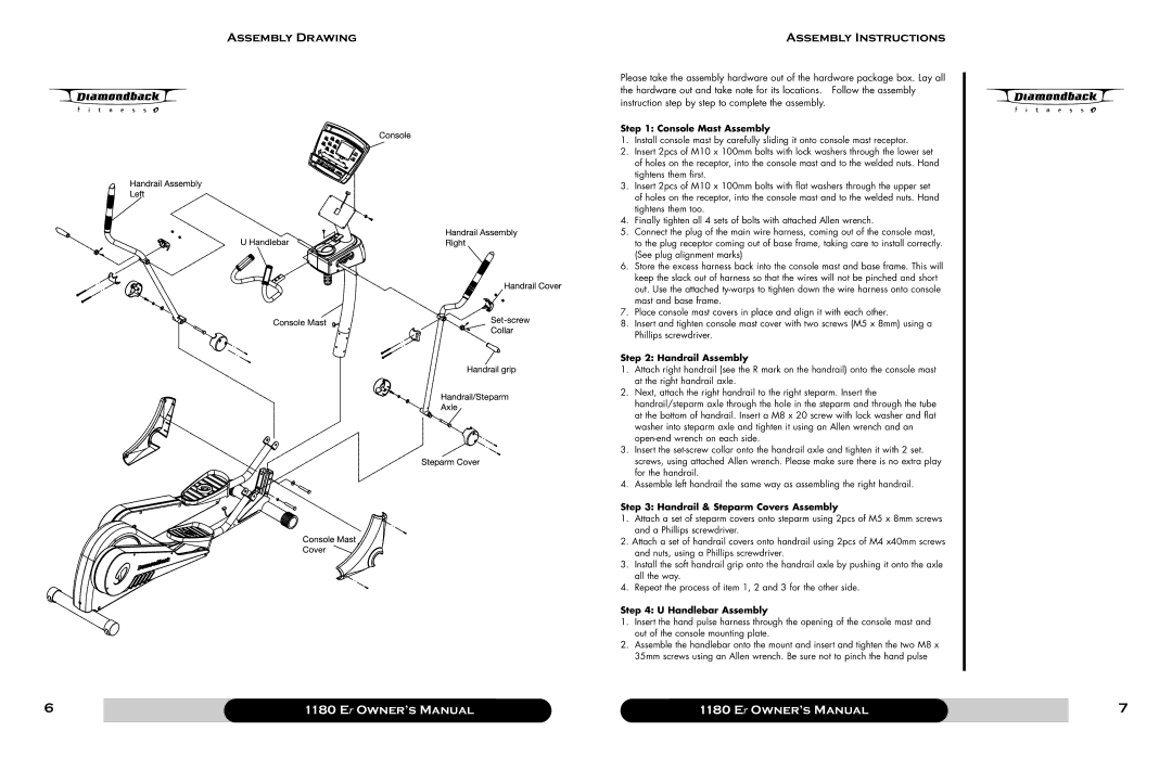 Diamondback 1180 Er Assembly Drawing Assembly Instructions, Console Mast Assembly, Handrail Assembly, Handlebar Assembly 