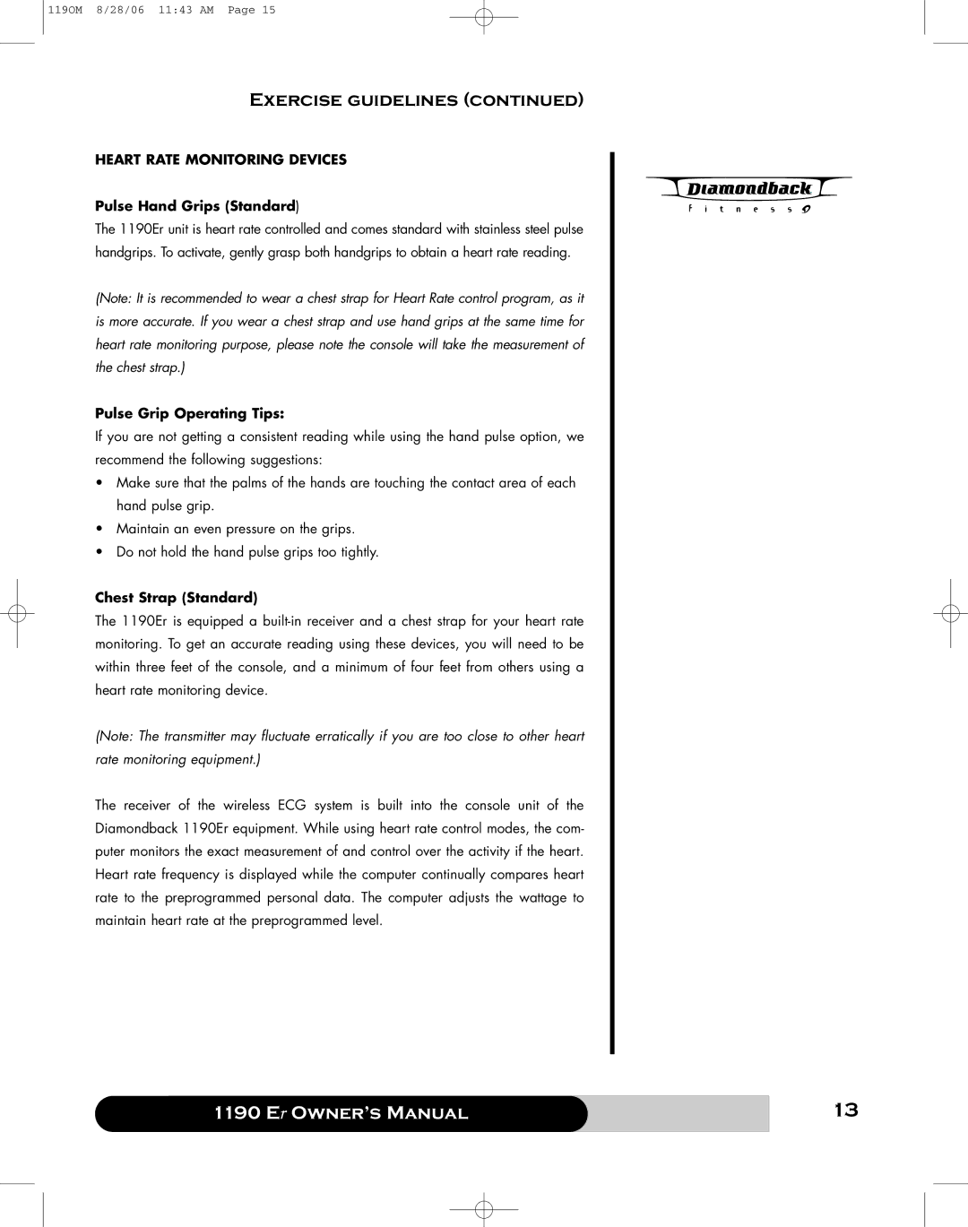 Diamondback 1190 Er manual Pulse Hand Grips Standard, Pulse Grip Operating Tips, Chest Strap Standard 