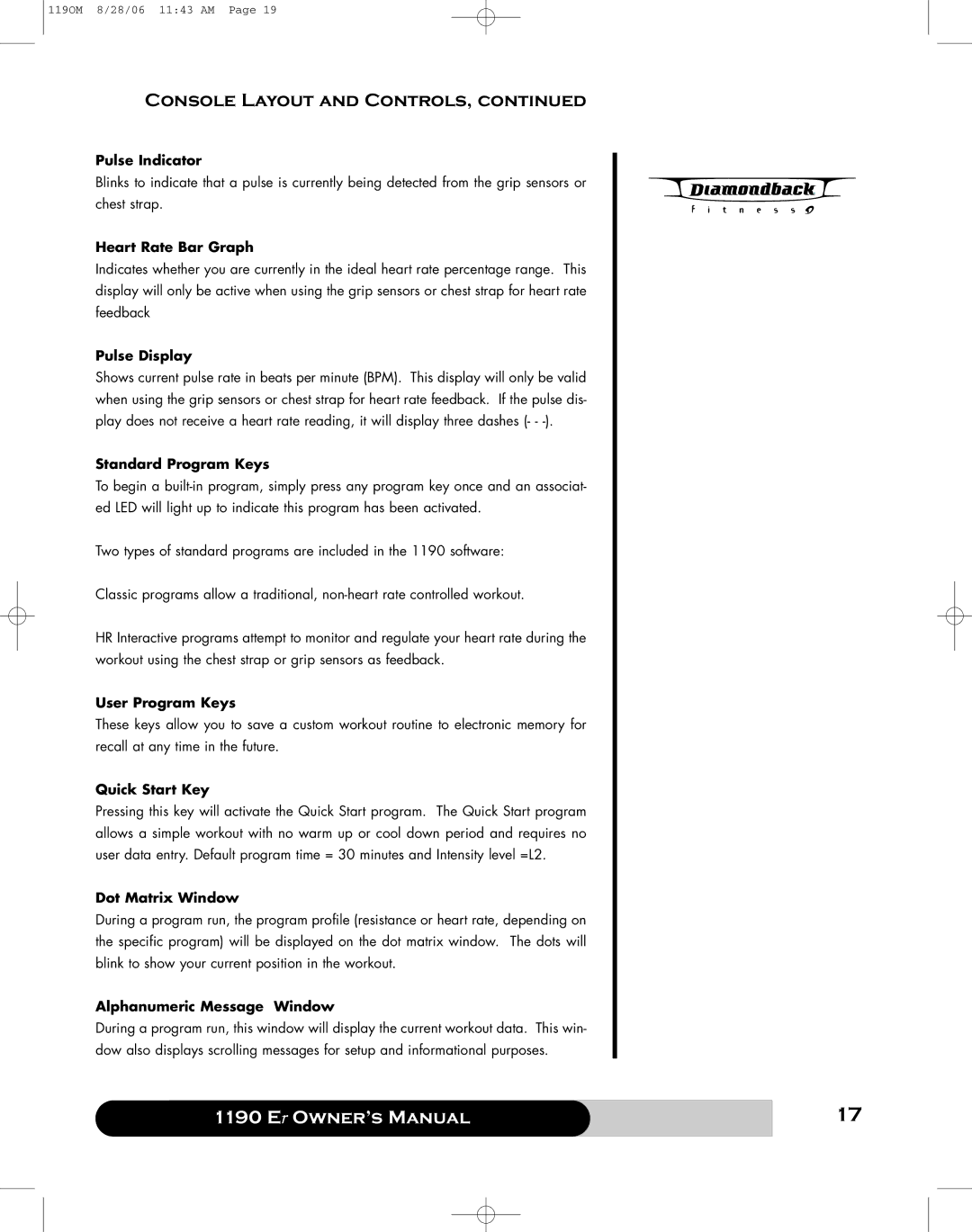Diamondback 1190 Er manual Pulse Indicator, Heart Rate Bar Graph, Pulse Display, Standard Program Keys, User Program Keys 