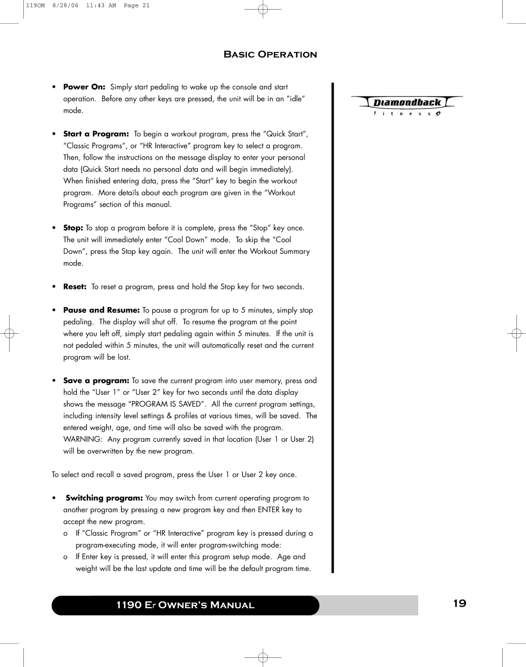Diamondback 1190 Er manual Basic Operation 