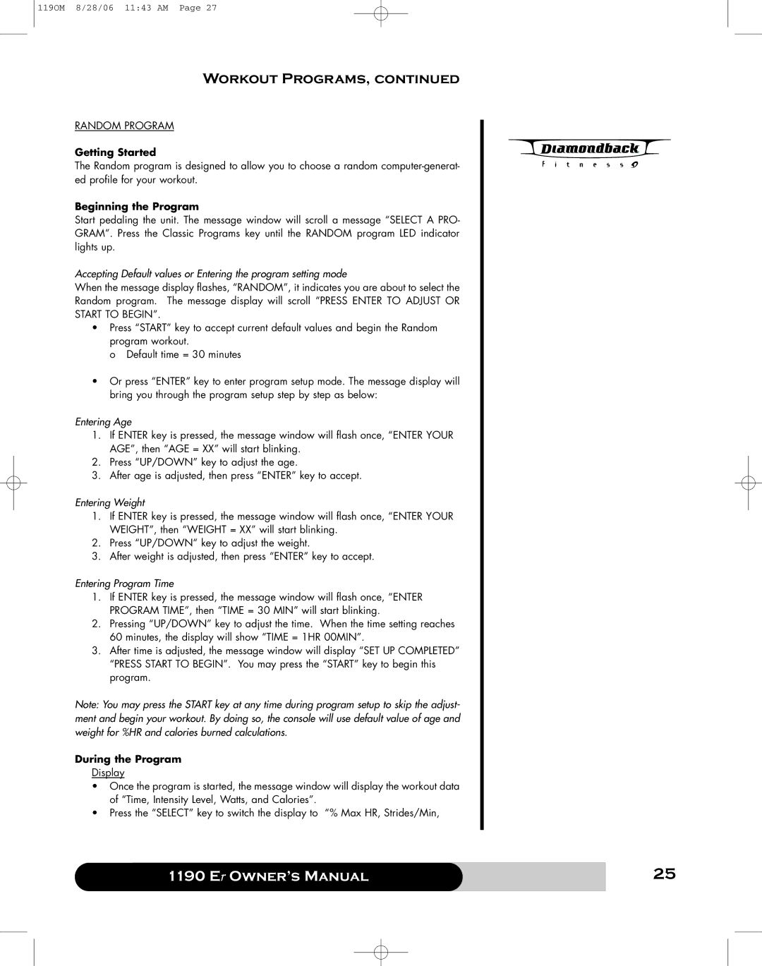 Diamondback 1190 Er manual Random Program 