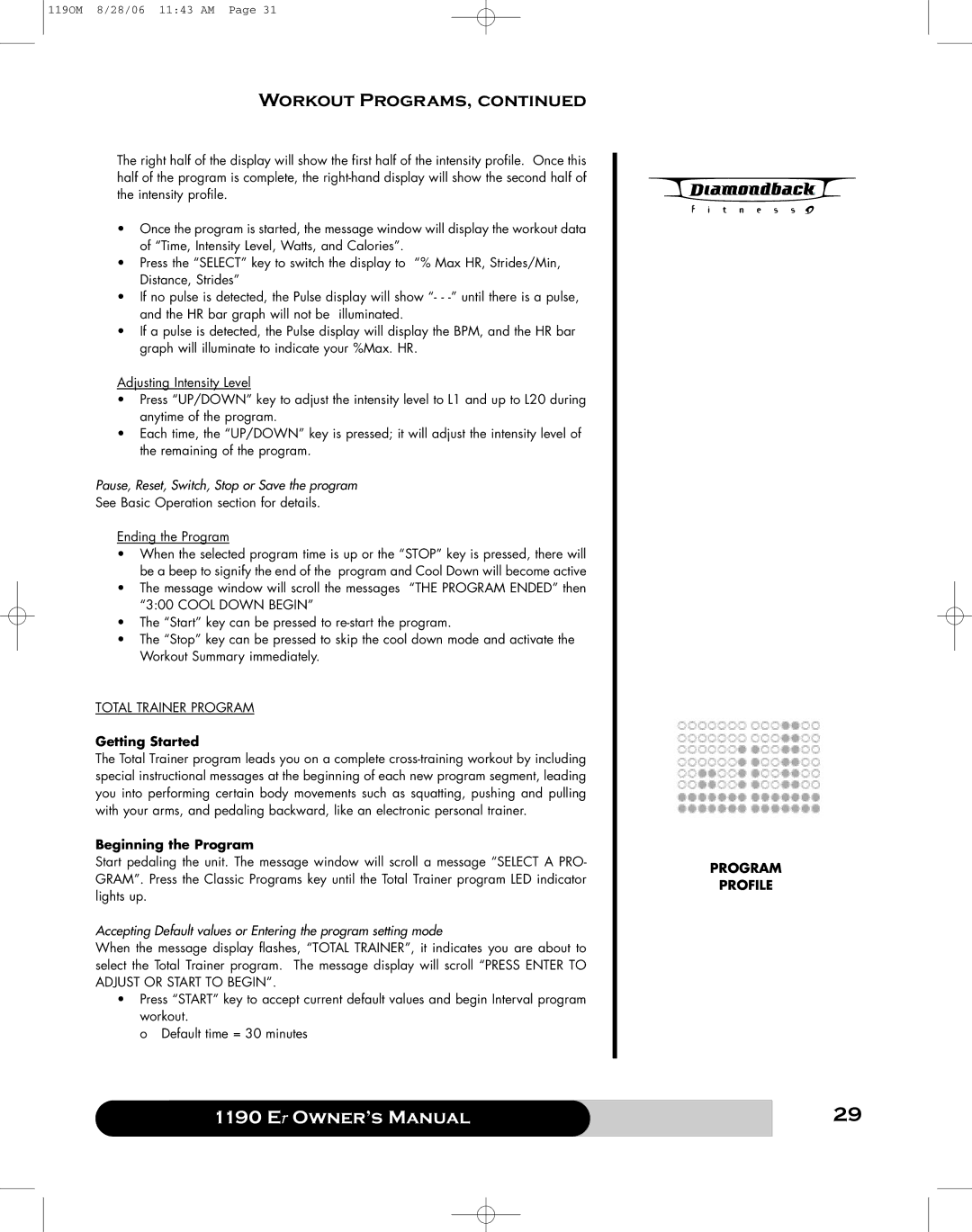 Diamondback 1190 Er manual Total Trainer Program 