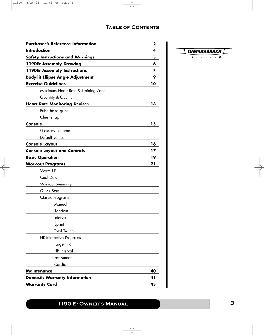 Diamondback 1190 Er manual Table of Contents 