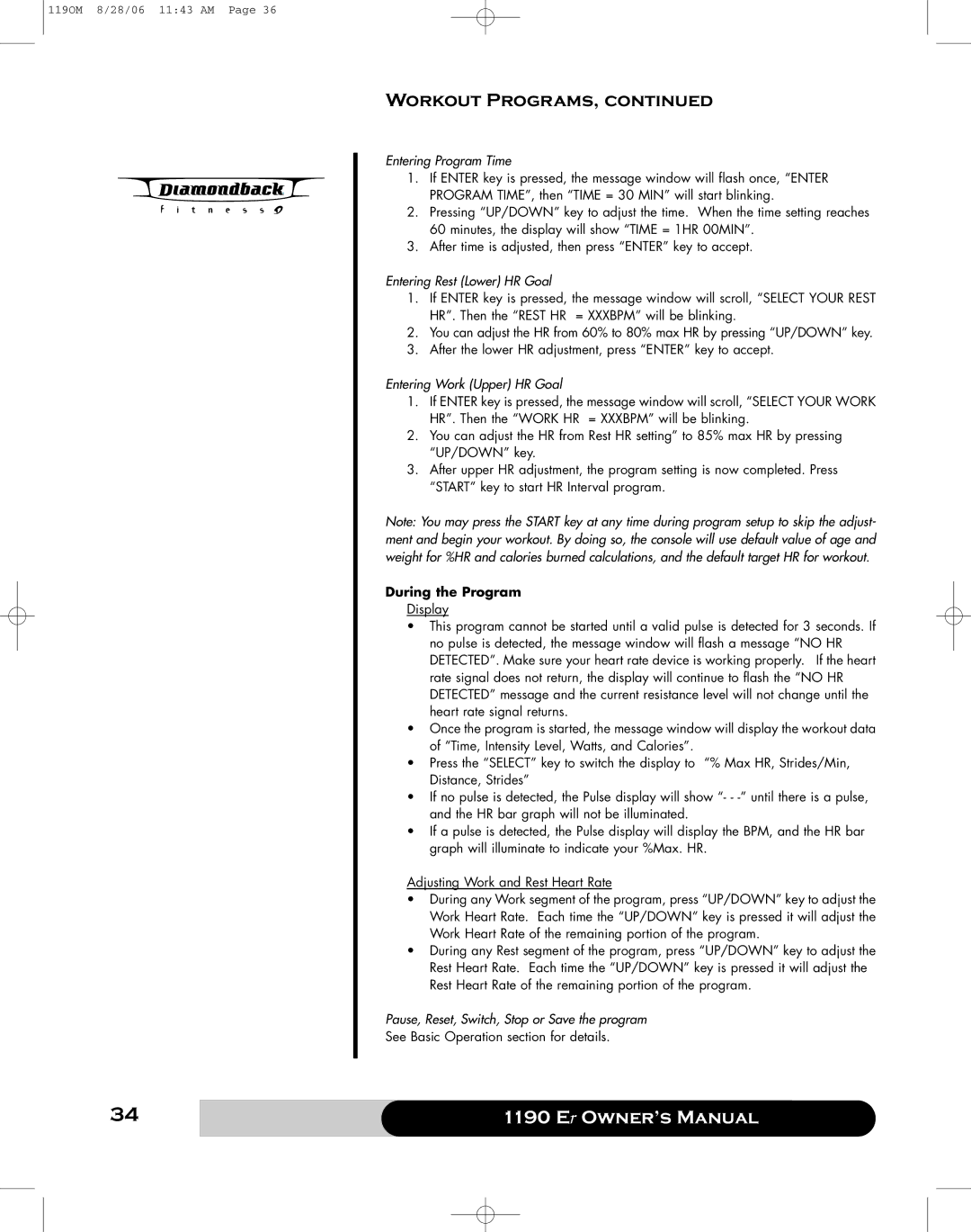 Diamondback 1190 Er manual Entering Rest Lower HR Goal 