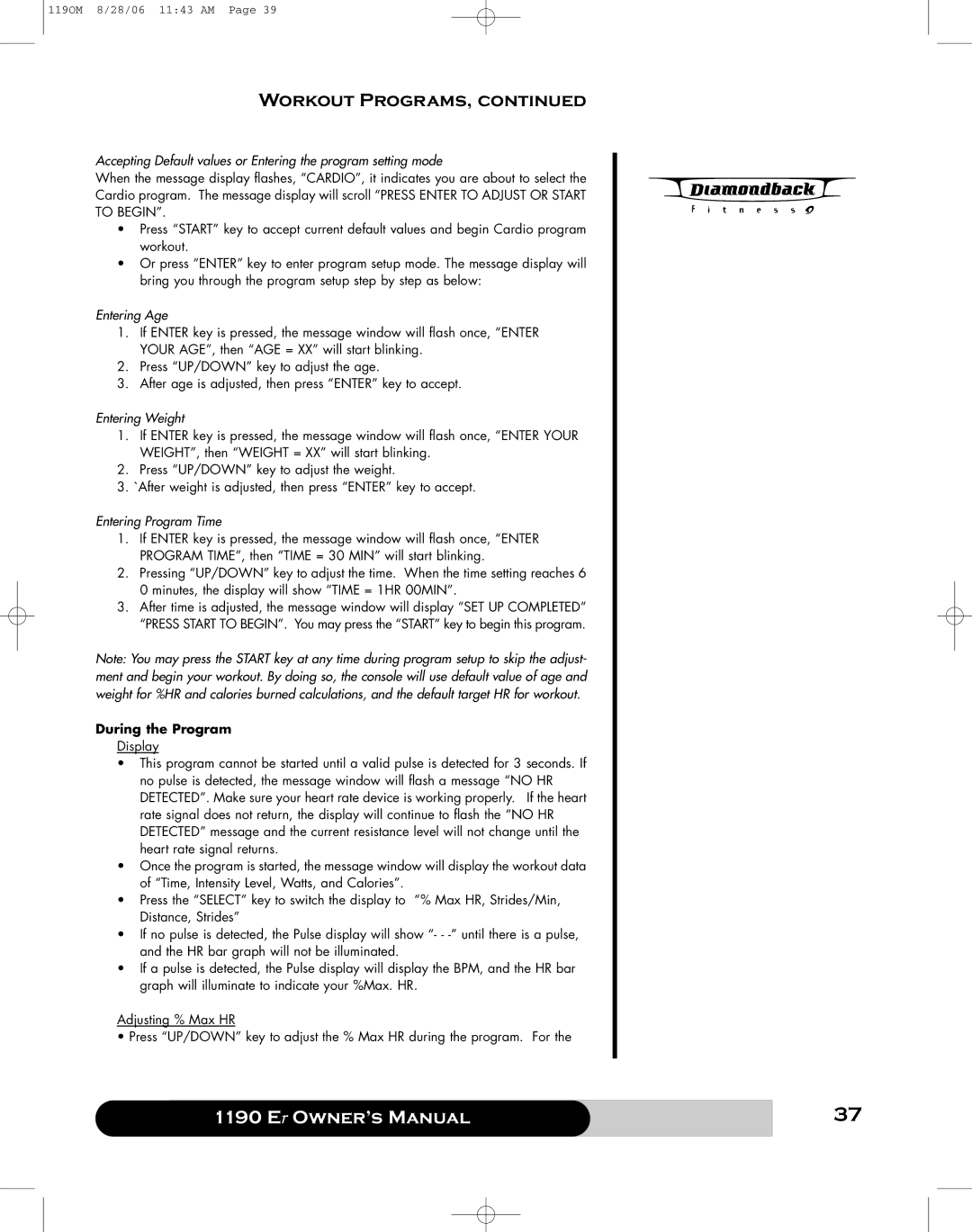 Diamondback 1190 Er manual Workout Programs 