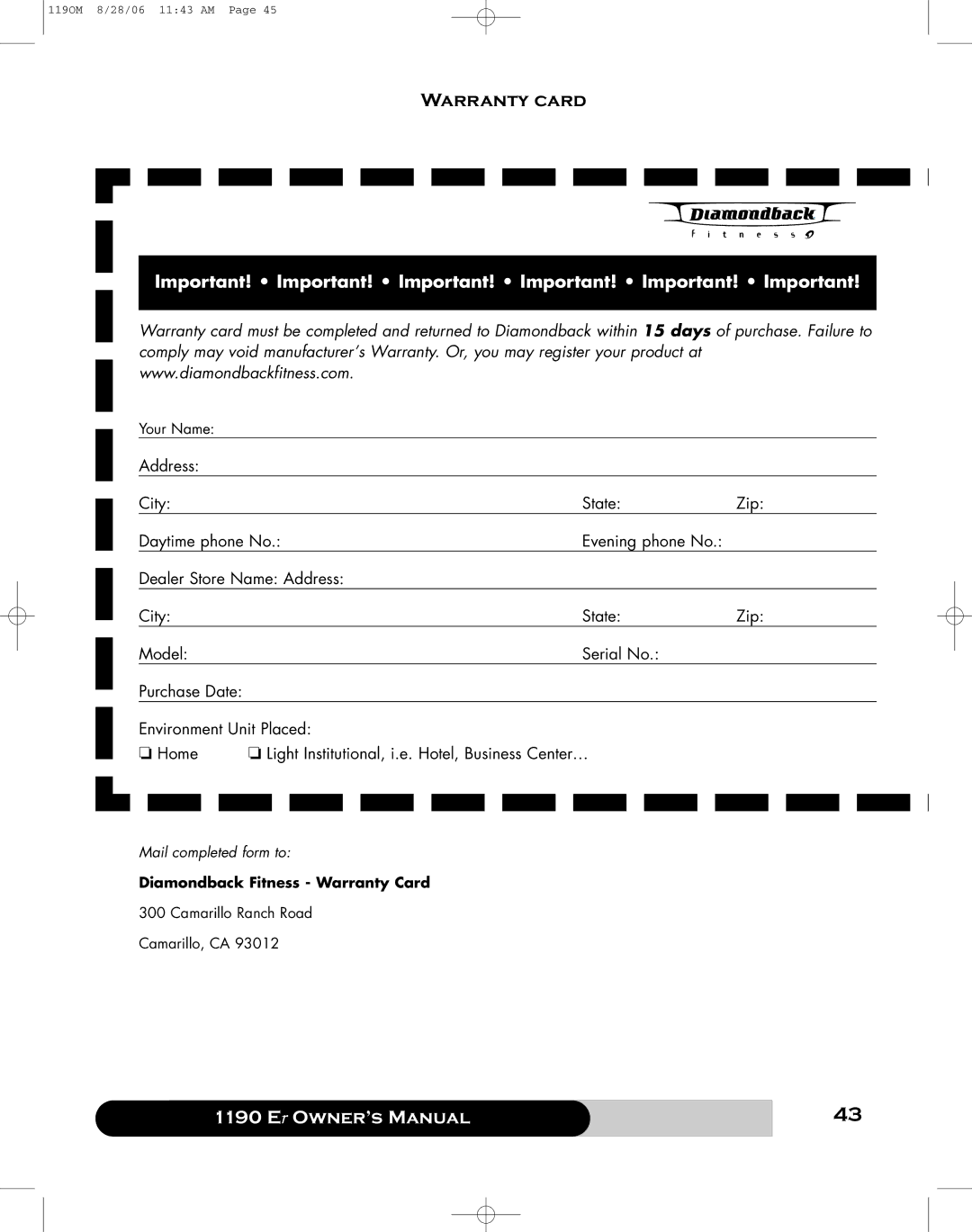 Diamondback 1190 Er manual Warranty card, Diamondback Fitness Warranty Card 