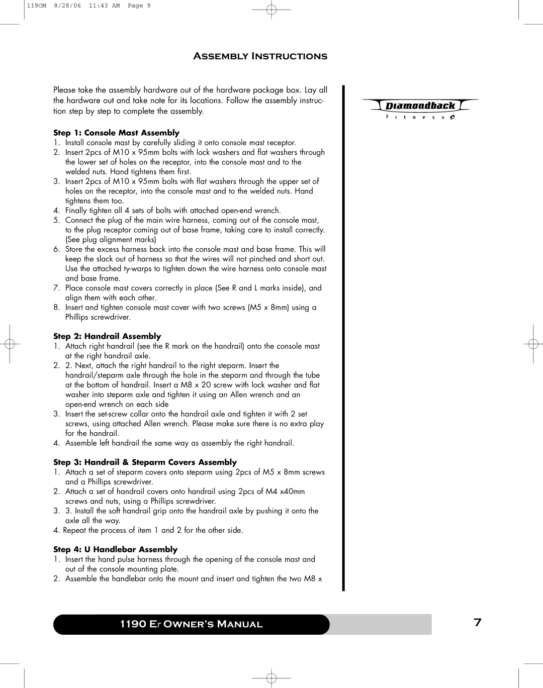 Diamondback 1190 Er Assembly Instructions, Console Mast Assembly, Handrail Assembly, Handrail & Steparm Covers Assembly 