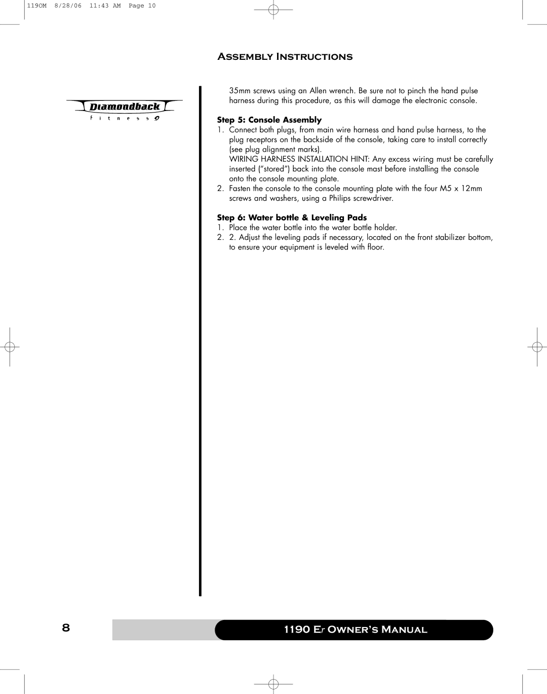 Diamondback 1190 Er manual Console Assembly, Water bottle & Leveling Pads 