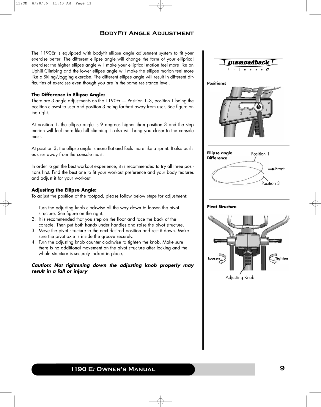 Diamondback 1190 Er manual BodyFit Angle Adjustment, Difference in Ellipse Angle, Adjusting the Ellipse Angle 