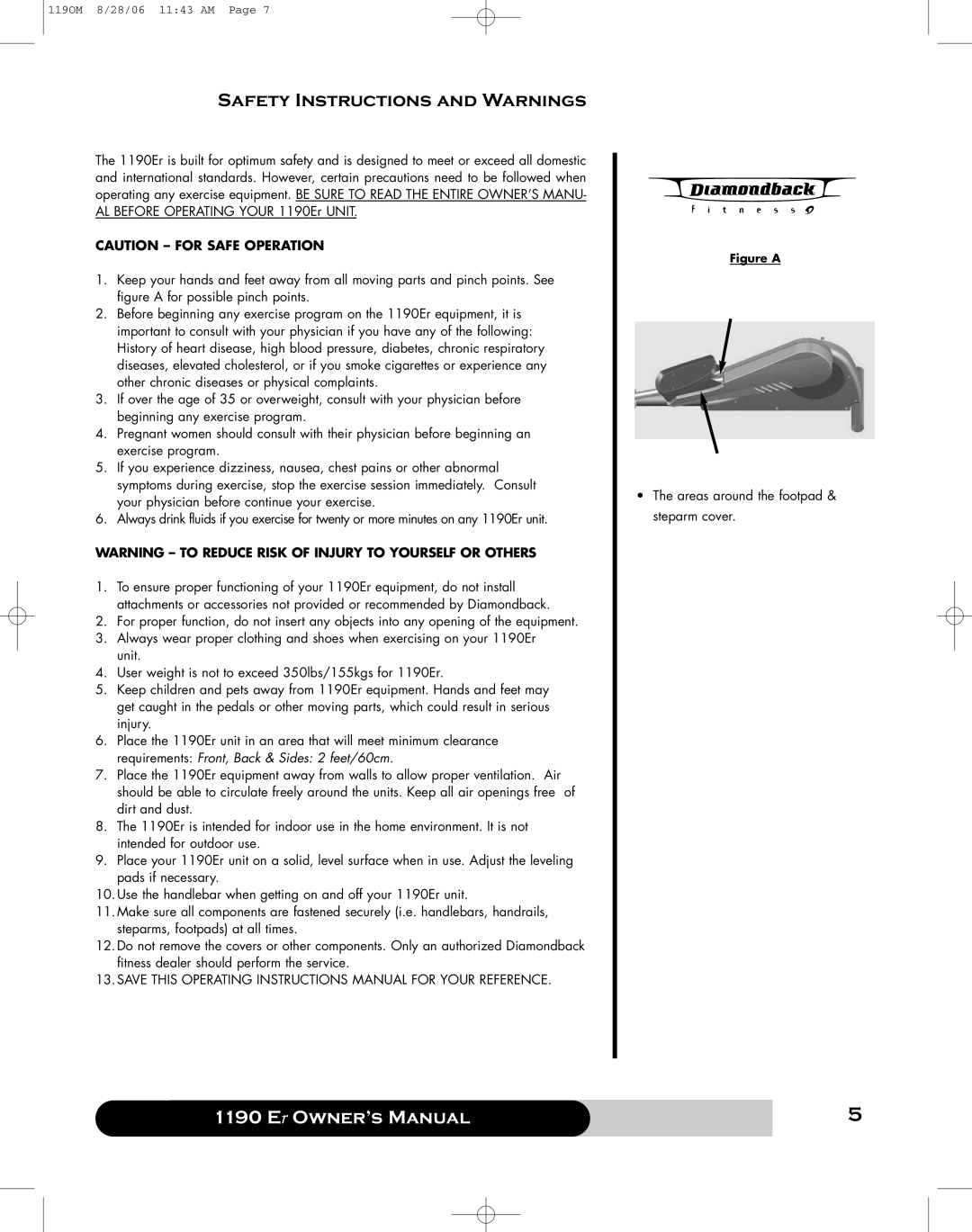 Diamondback 1190 Er manual Safety Instructions and Warnings, Er Owner’s Manual, Caution - For Safe Operation 