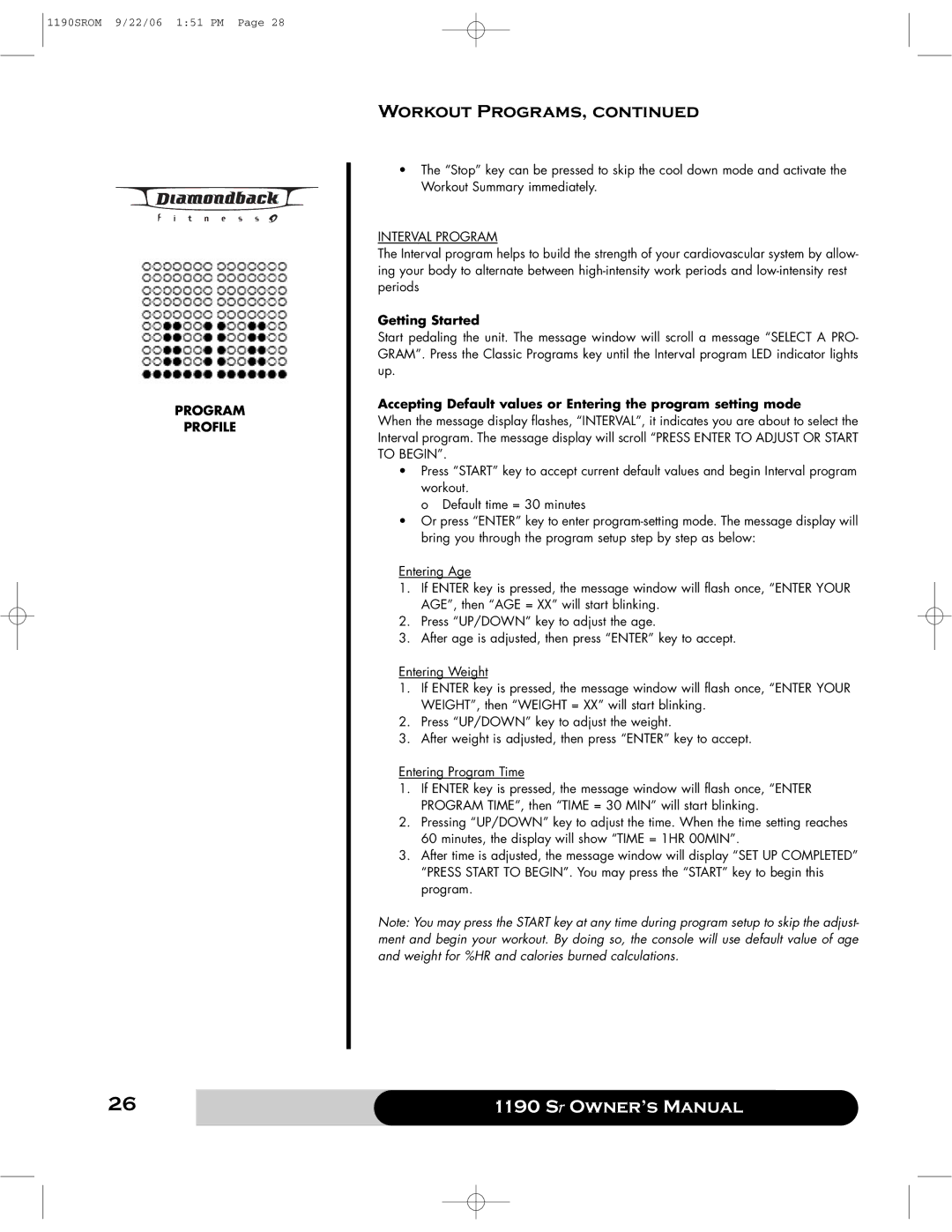 Diamondback 1190 Sr manual Program Profile, Interval Program 