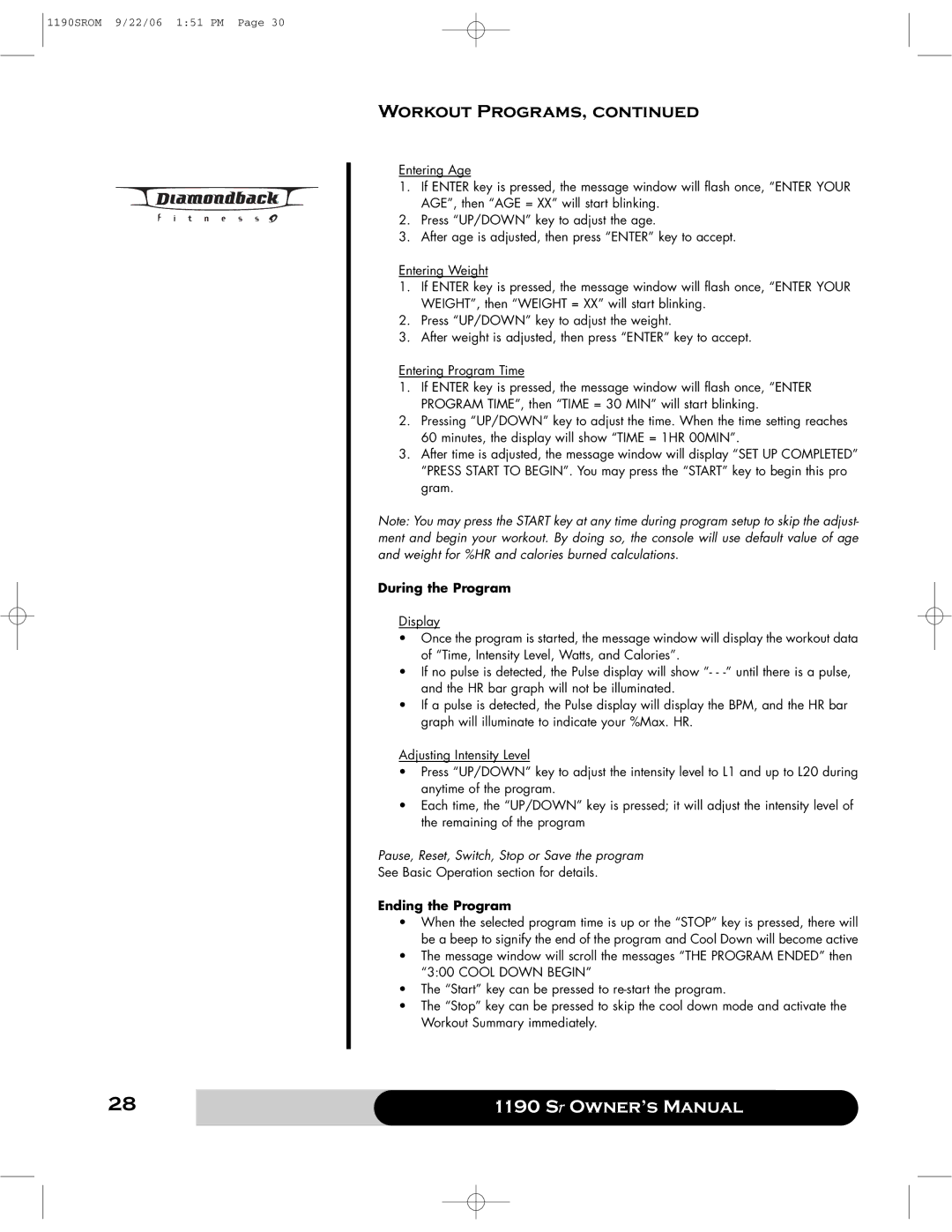 Diamondback 1190 Sr manual Workout Programs 