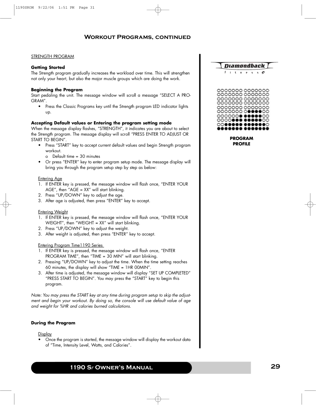 Diamondback 1190 Sr manual Strength Program 