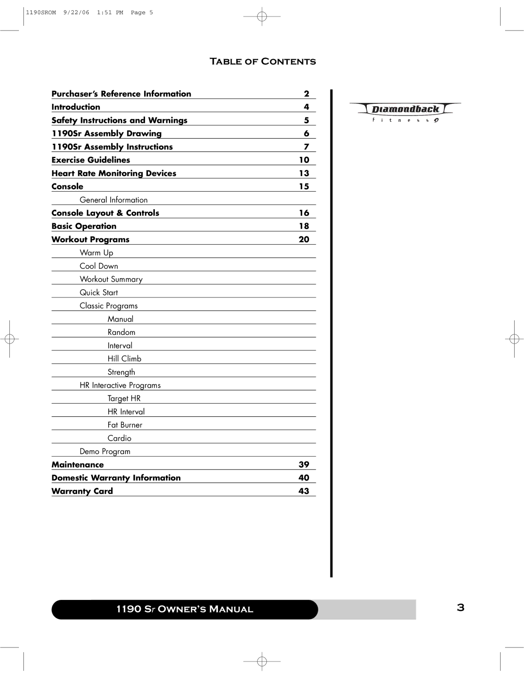 Diamondback 1190 Sr manual Table of Contents 