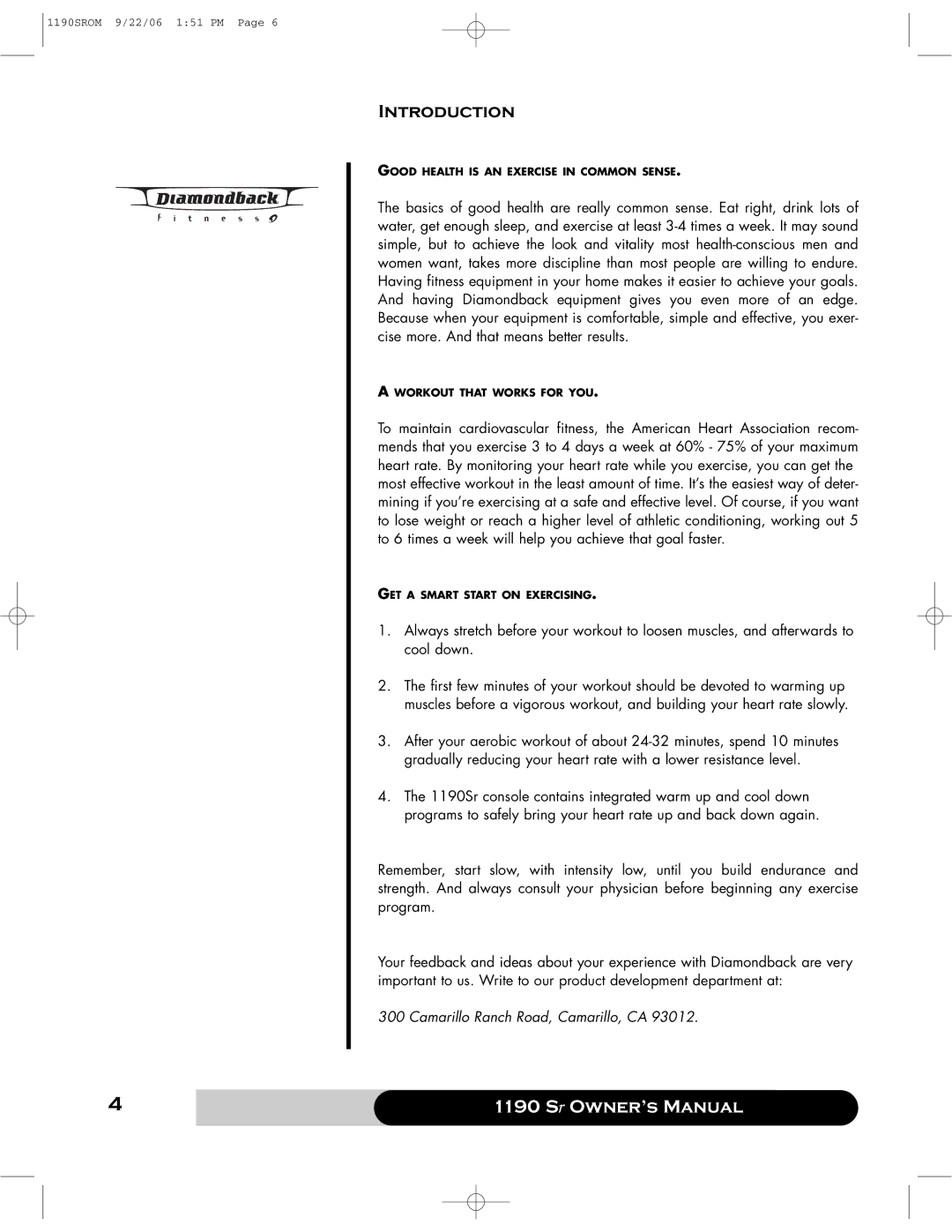 Diamondback 1190 Sr manual Introduction 