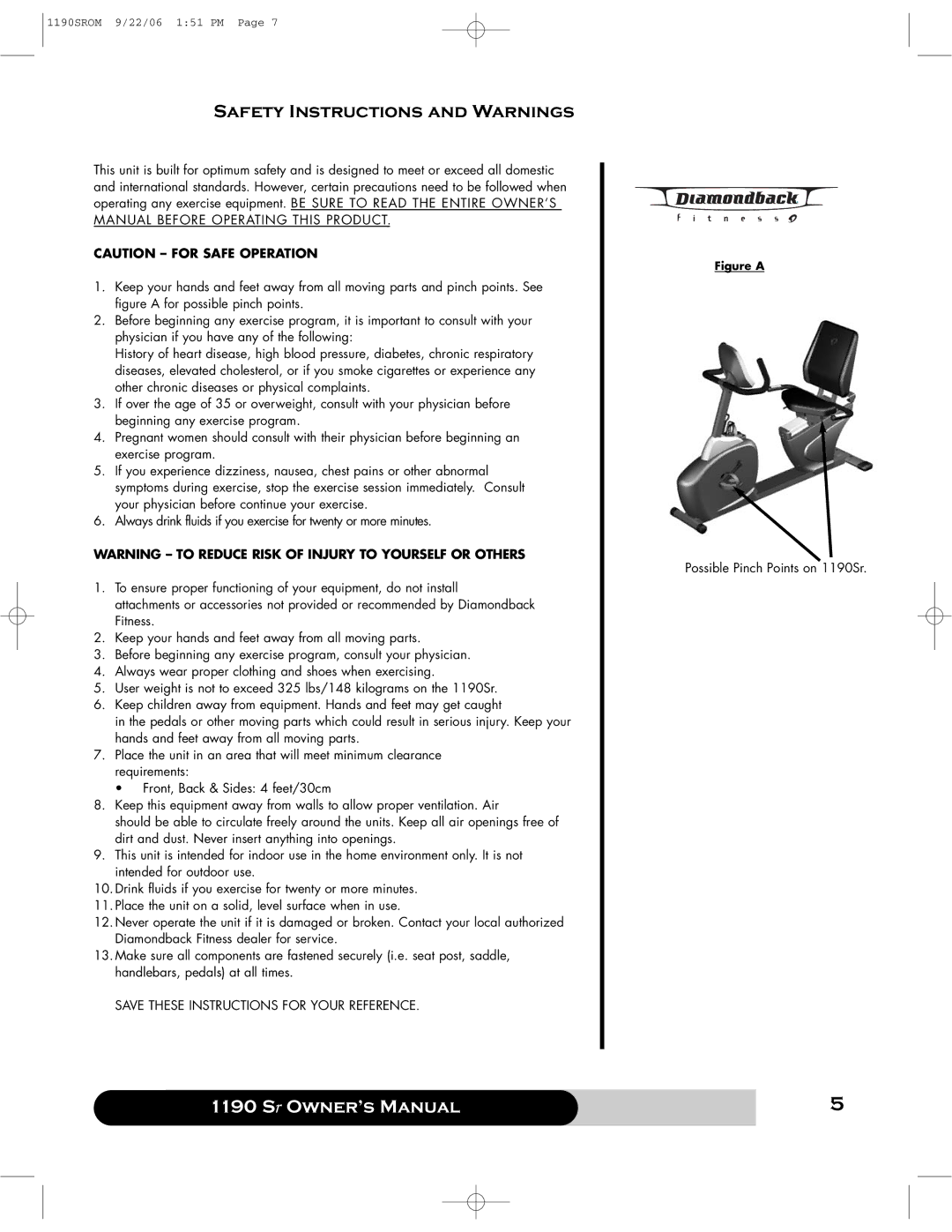 Diamondback 1190 Sr manual Safety Instructions and Warnings, Figure a 