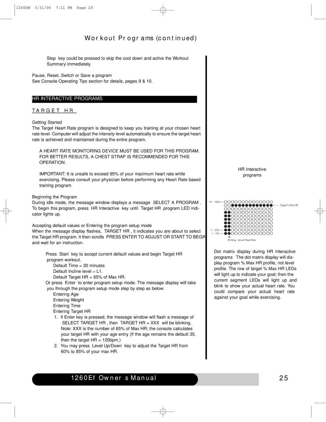 Diamondback 1260Ef manual HR Interactive Programs, R G E T H R 