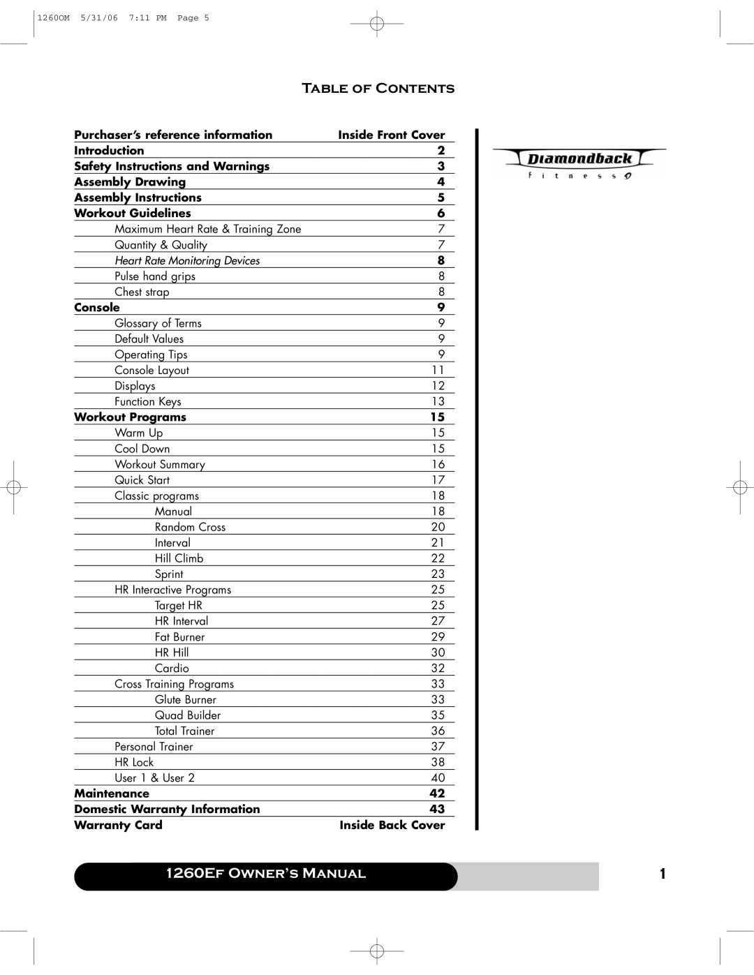 Diamondback 1260Ef manual Table of Contents 