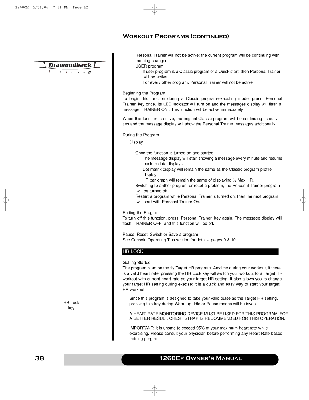 Diamondback 1260Ef manual HR Lock Key 