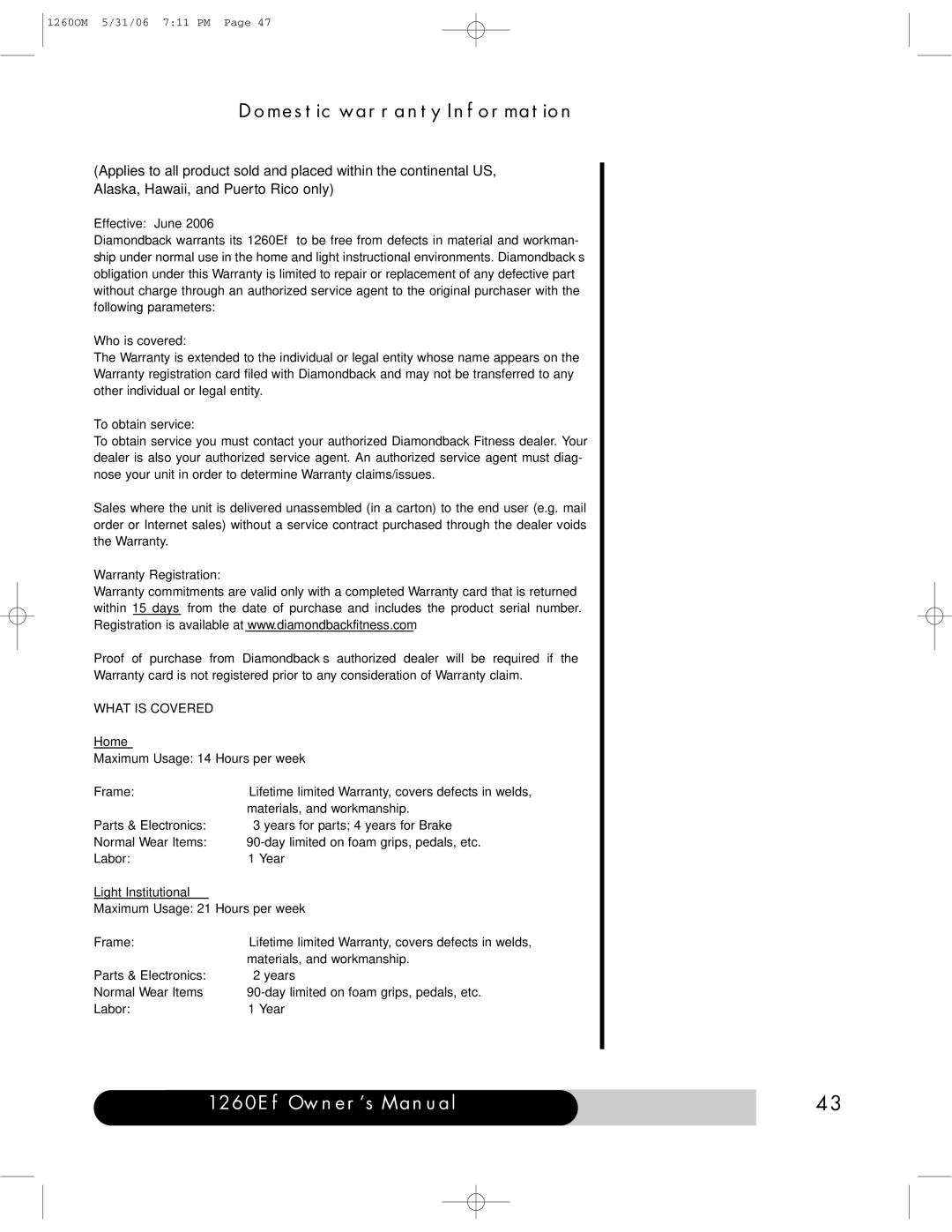 Diamondback 1260Ef manual Domestic warranty Information 