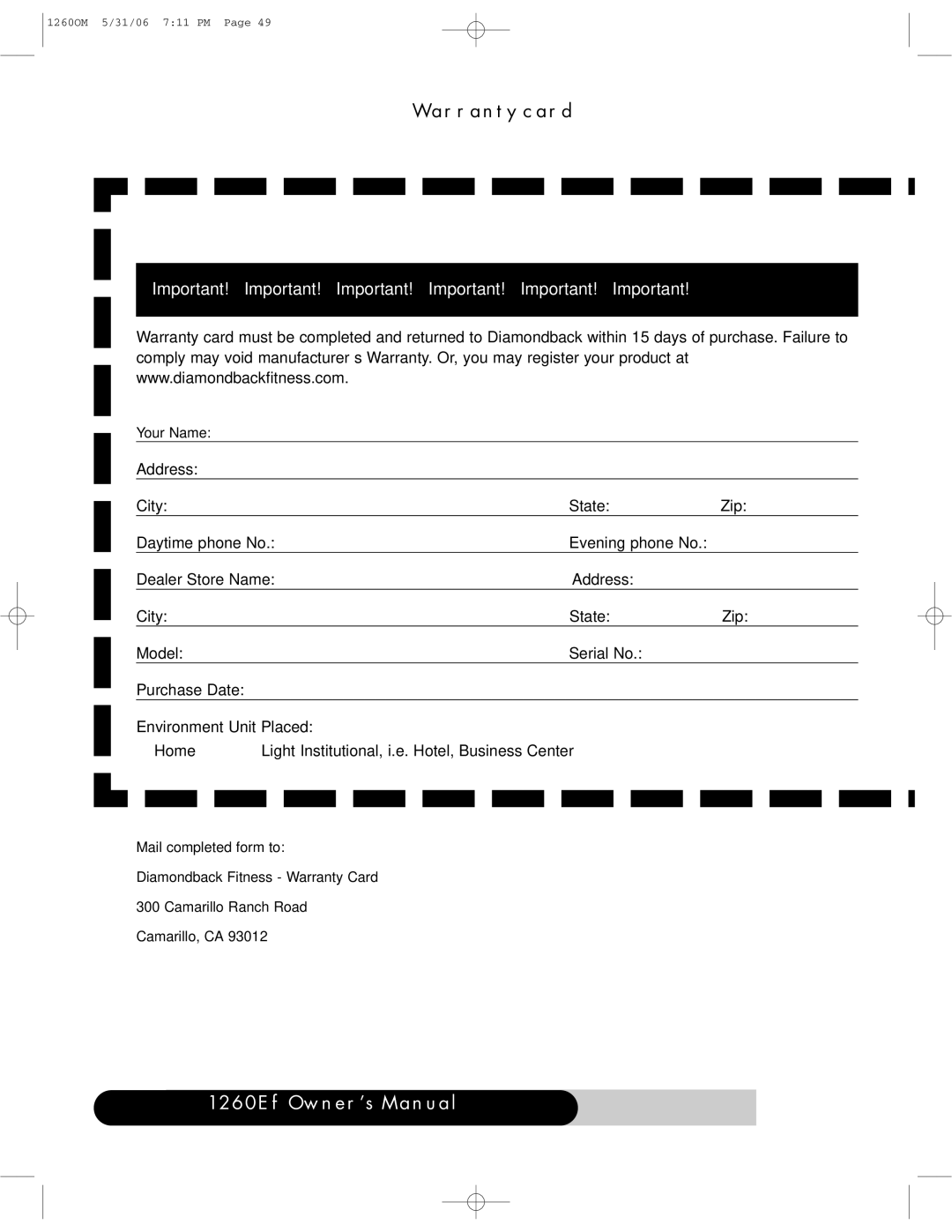 Diamondback 1260Ef manual Warranty card, Diamondback Fitness Warranty Card 