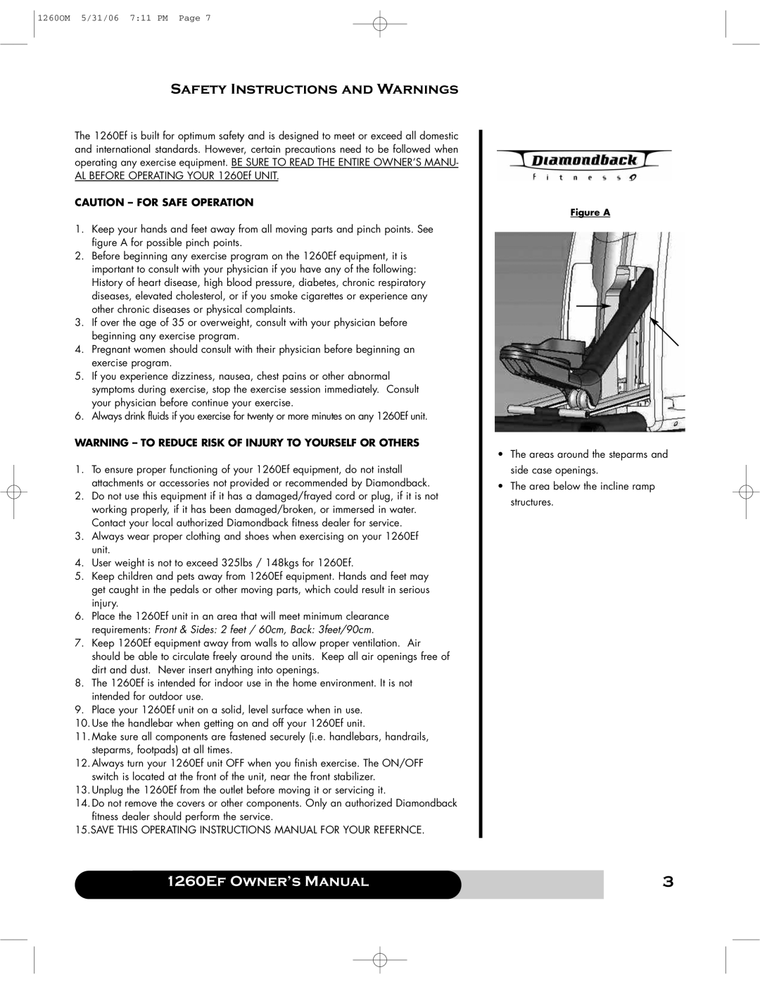 Diamondback 1260Ef manual Safety Instructions and Warnings, Save this Operating Instructions Manual for Your Refernce 