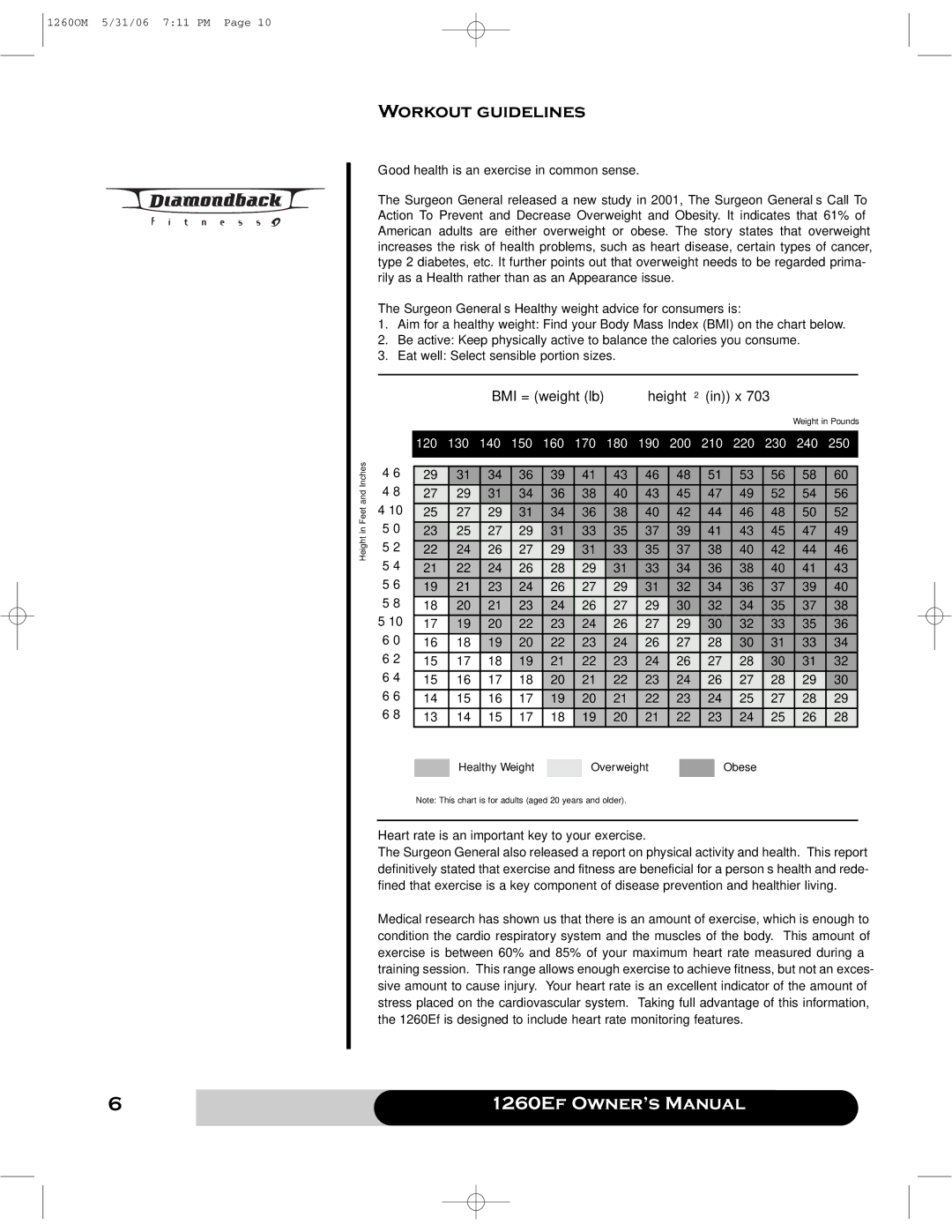 Diamondback 1260Ef manual Workout guidelines, Good health is an exercise in common sense, ’10 